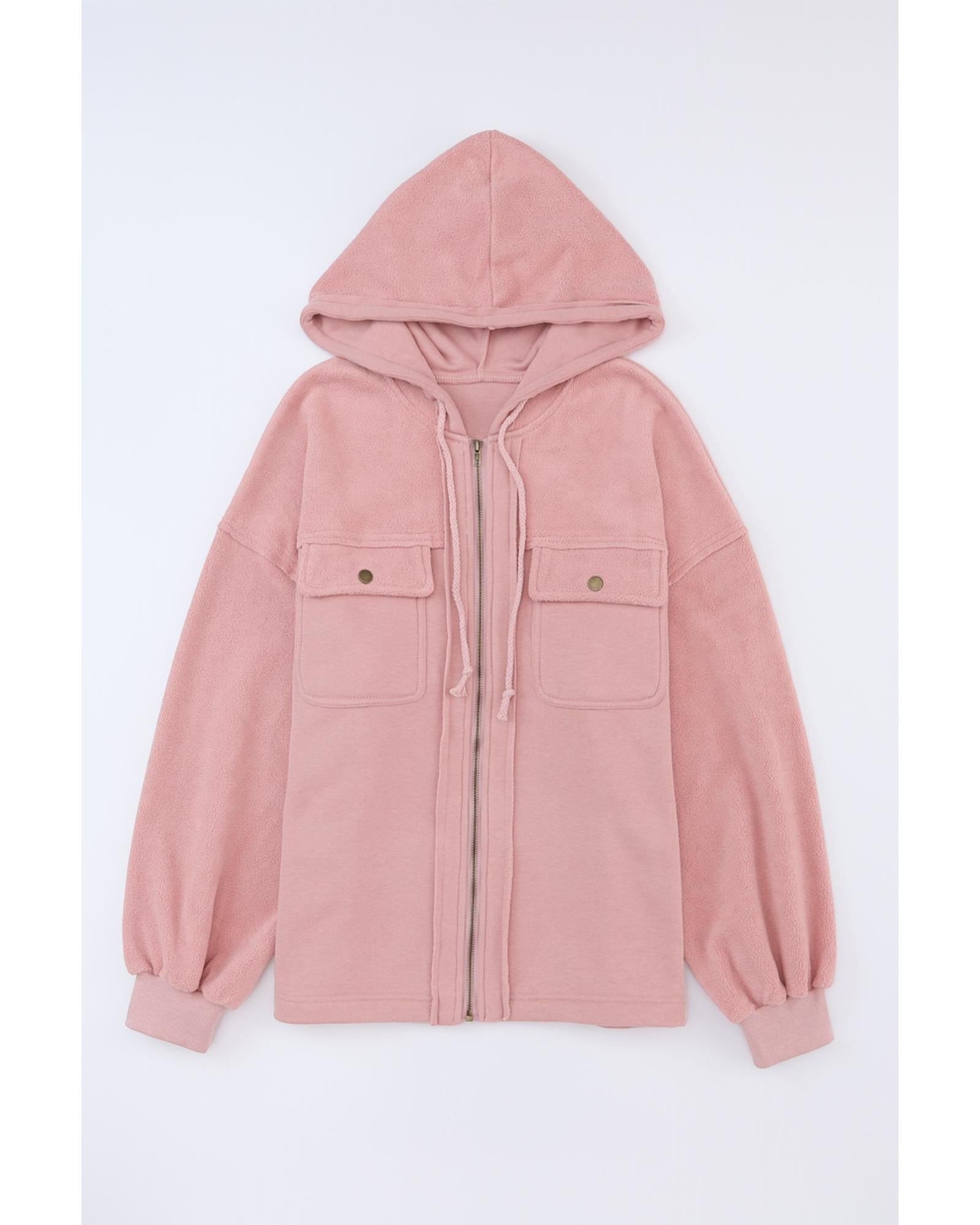 Pink Flap Pocket Drawstring Hood Zip Up Jacket - XL