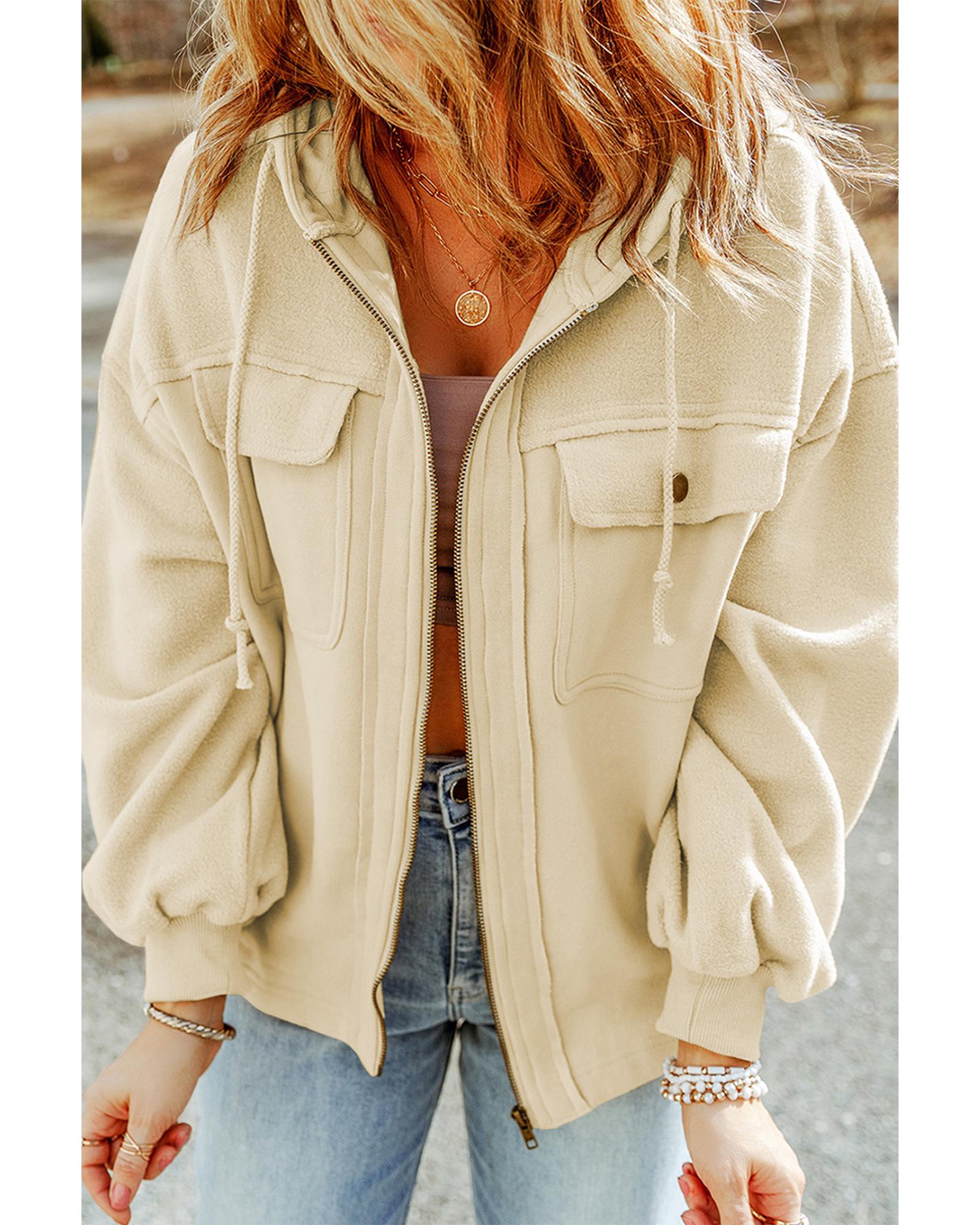 Apricot Flap Pocket Drawstring Hood Zip Up Jacket - L 7
