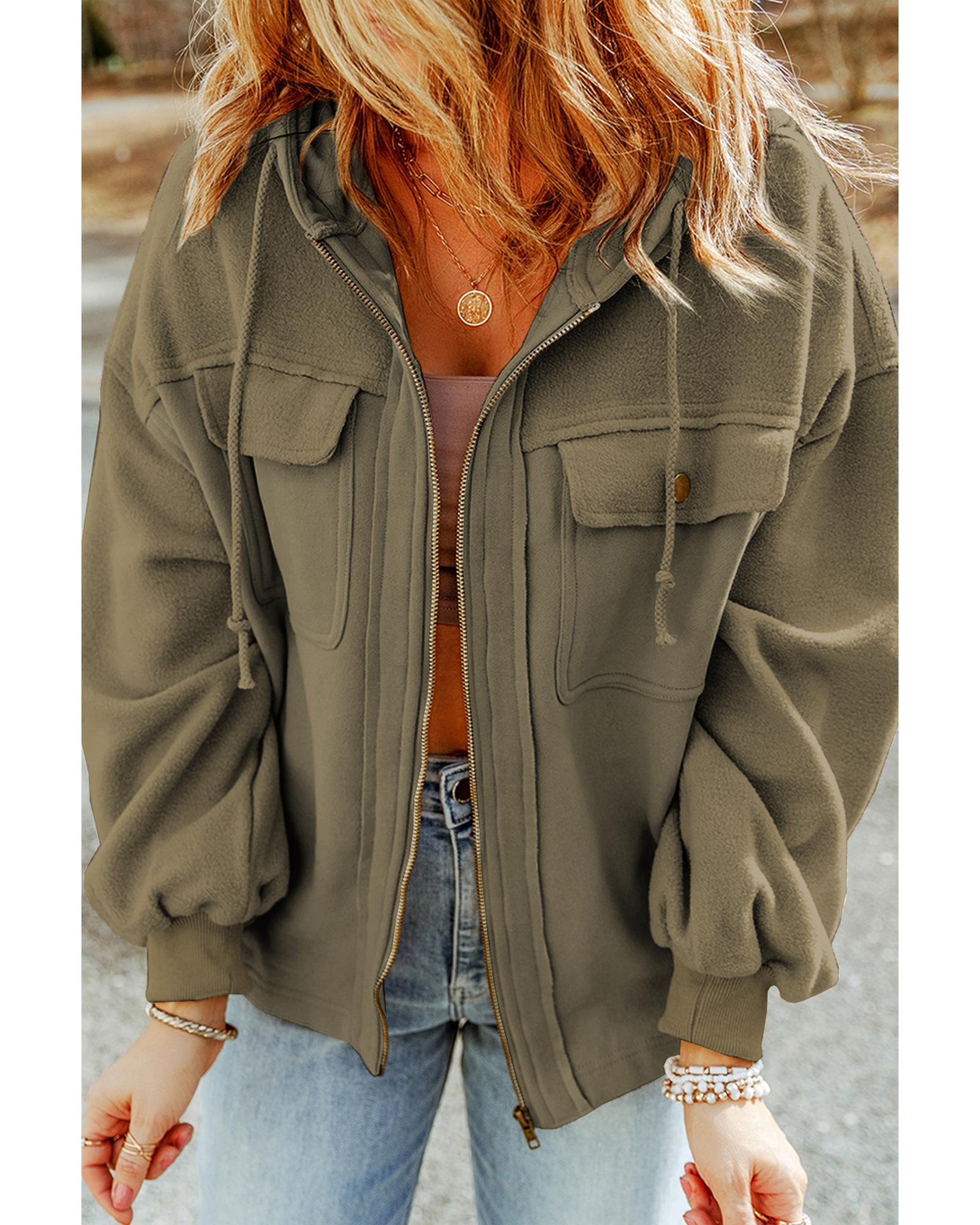 Green Flap Pocket Drawstring Hood Zip Up Jacket - L