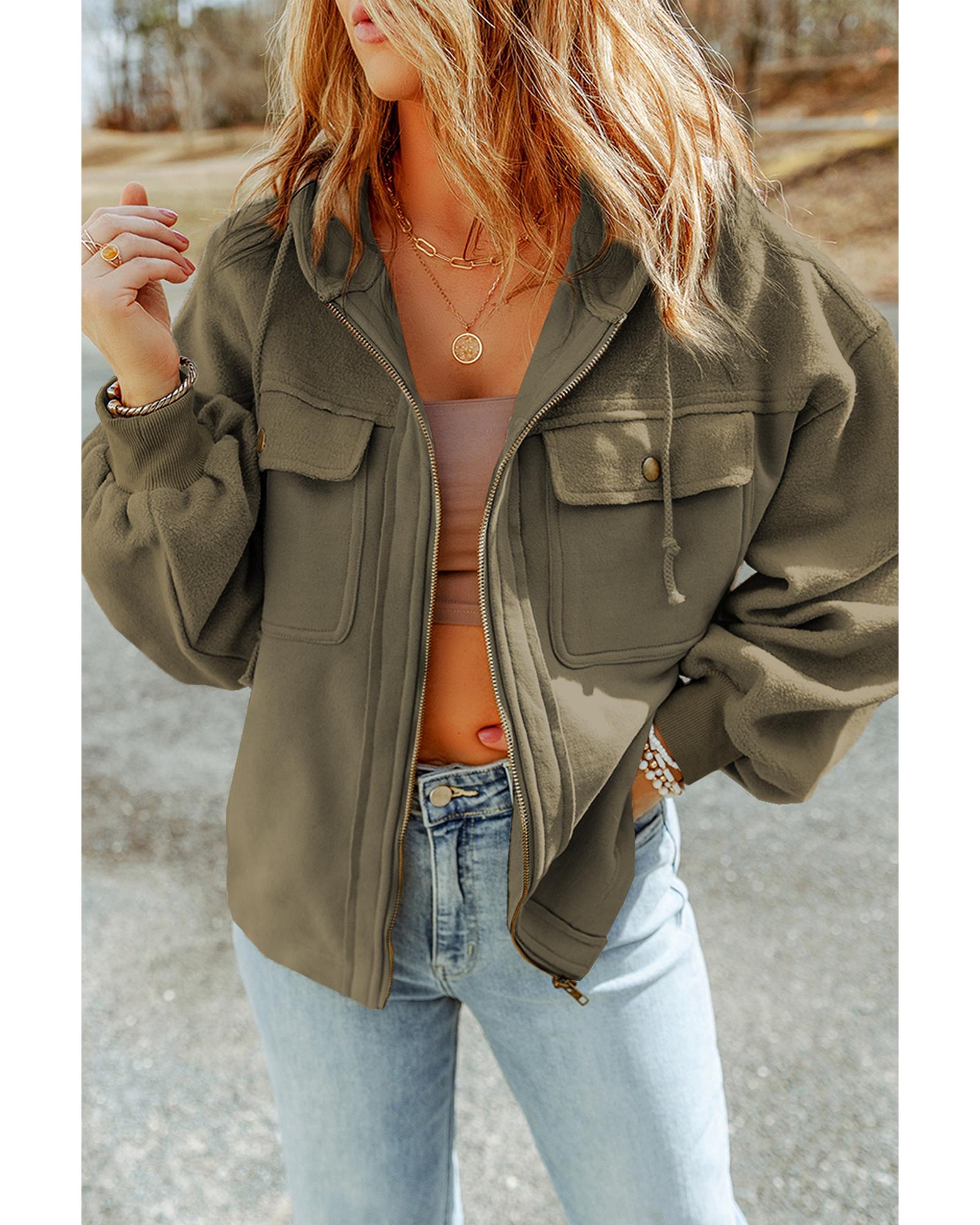 Green Flap Pocket Drawstring Hood Zip Up Jacket - M 3