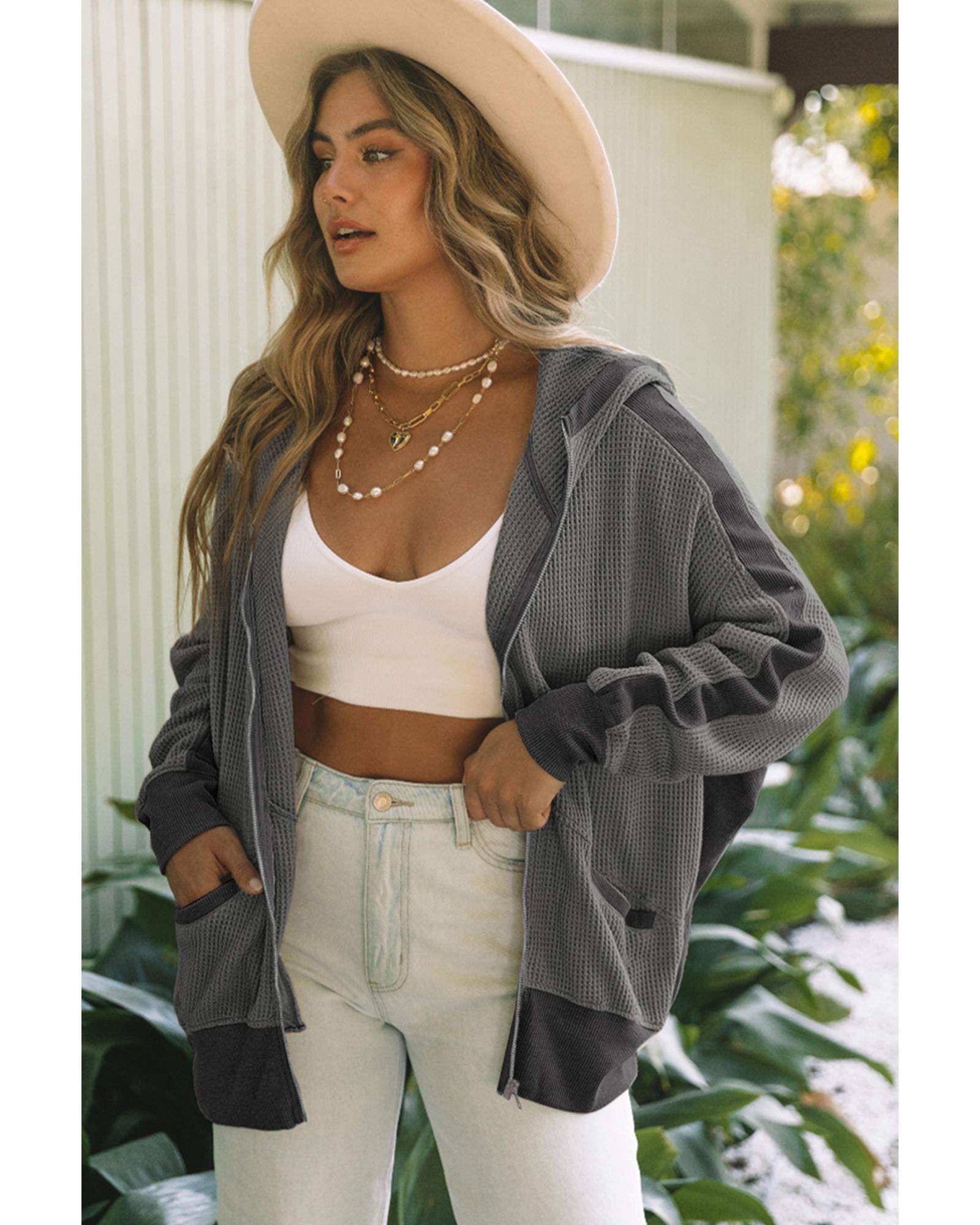 Gray Thermal Waffle Knit Full Zipper Hooded Jacket - M 4