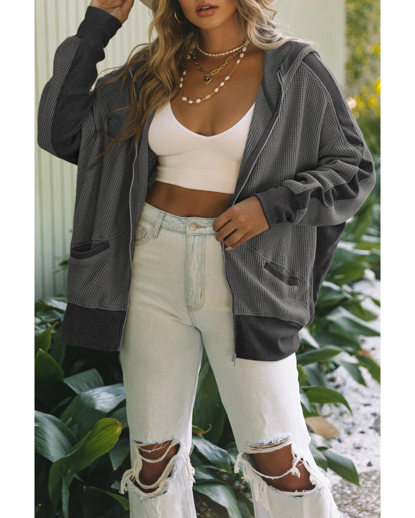 Gray Thermal Waffle Knit Full Zipper Hooded Jacket - XL 3