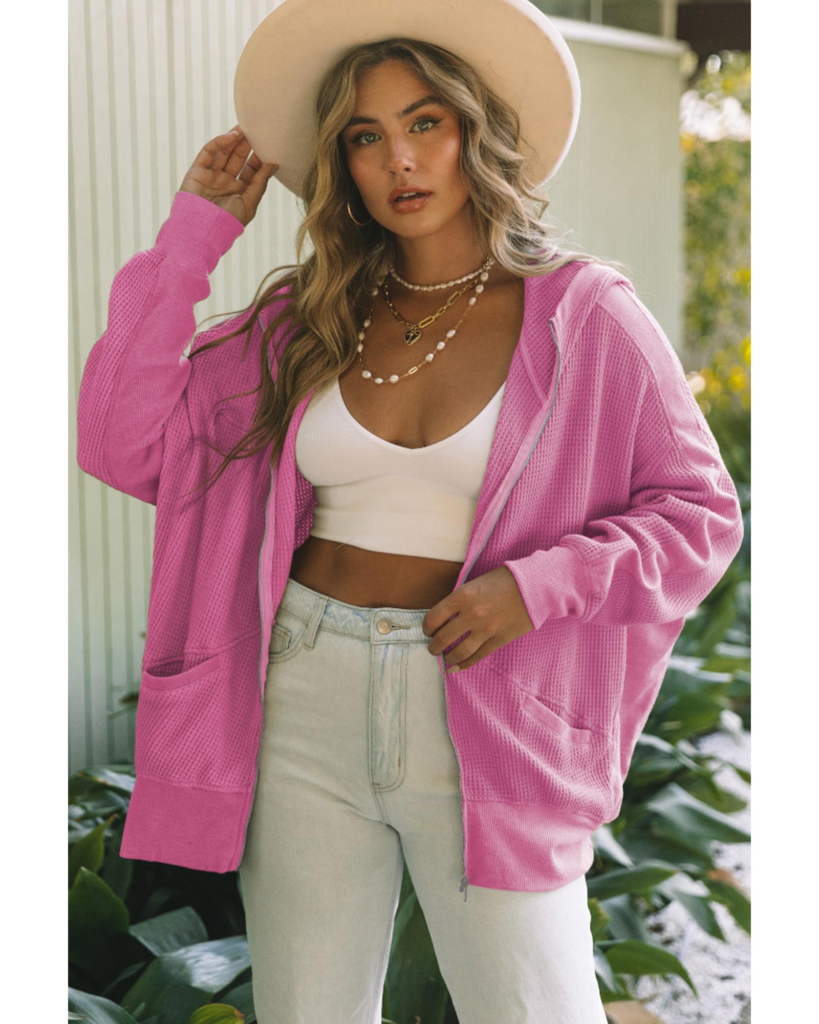 Rose Thermal Waffle Knit Full Zipper Hooded Jacket - M 4