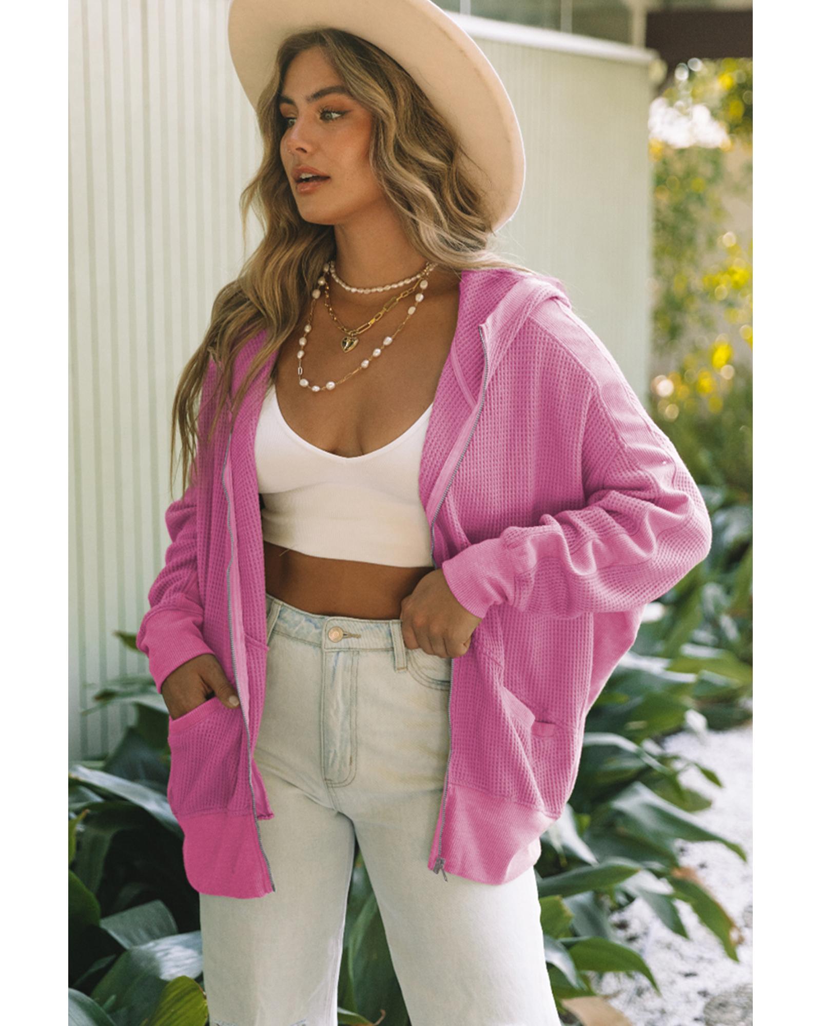 Rose Thermal Waffle Knit Full Zipper Hooded Jacket - S 5