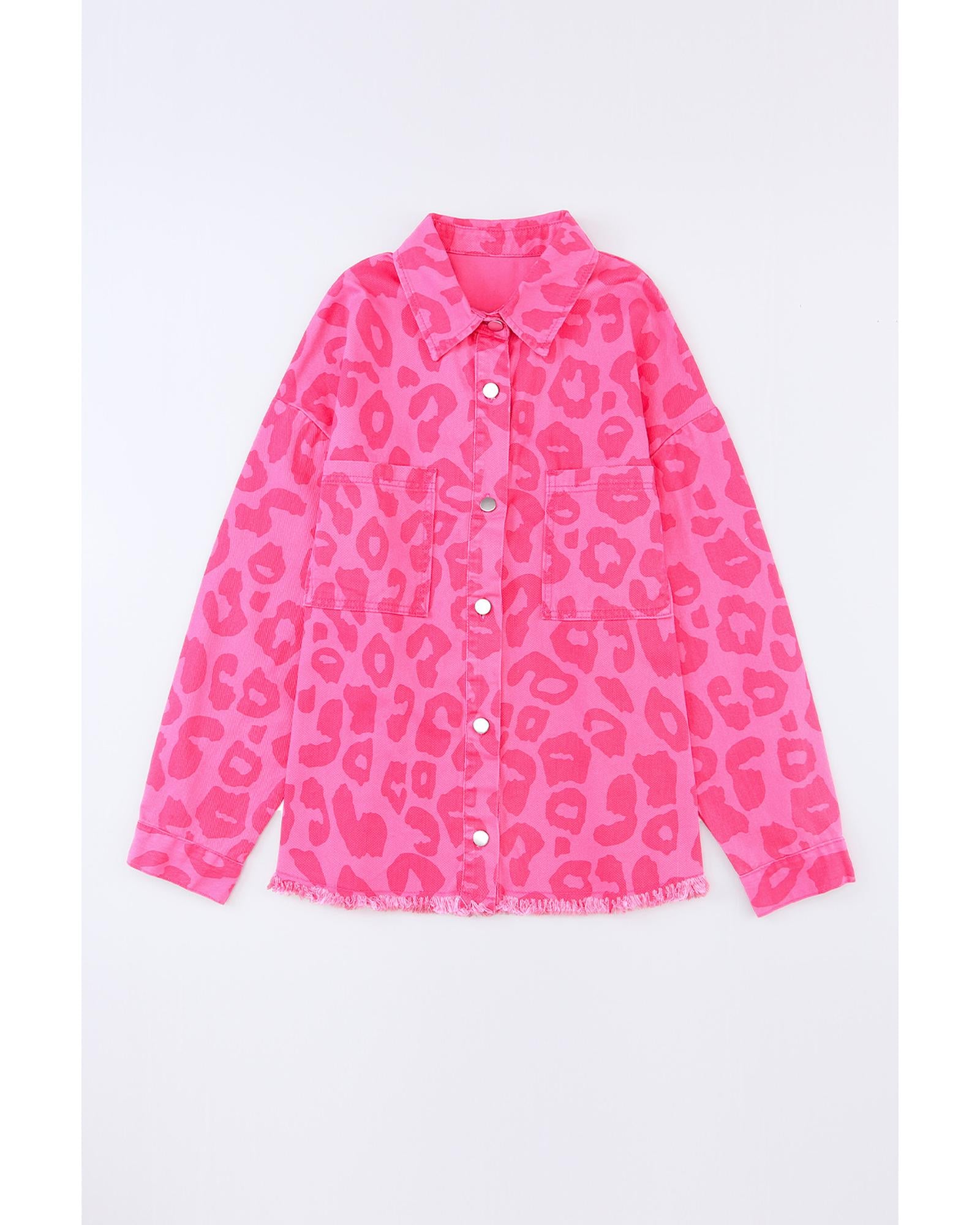 Pink Leopard Print Button Cuffs Raw Hem Jacket - M