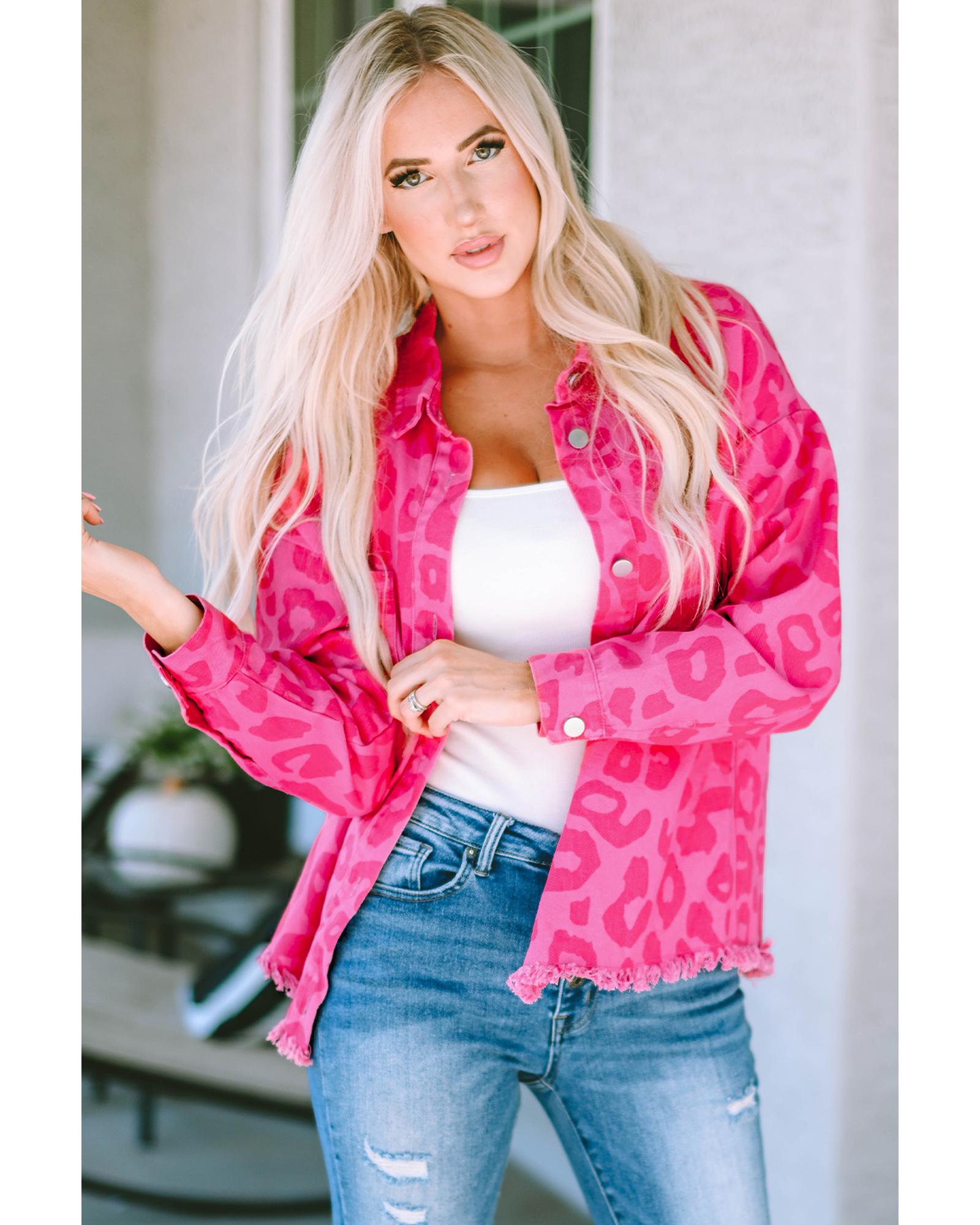 Pink Leopard Print Button Cuffs Raw Hem Jacket - S