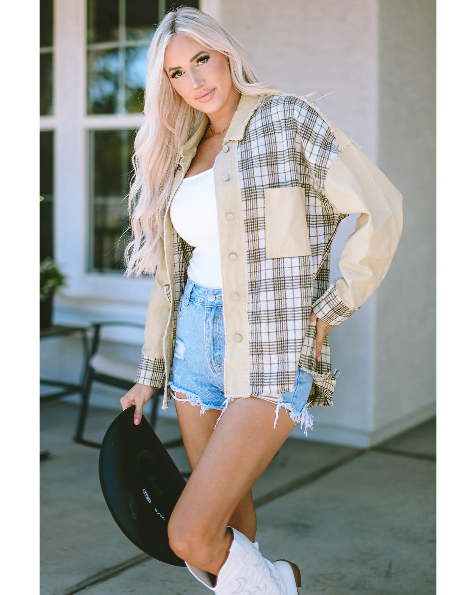 Khaki Distressed Raw Edge Plaid Patchwork Denim Jacket - L 6