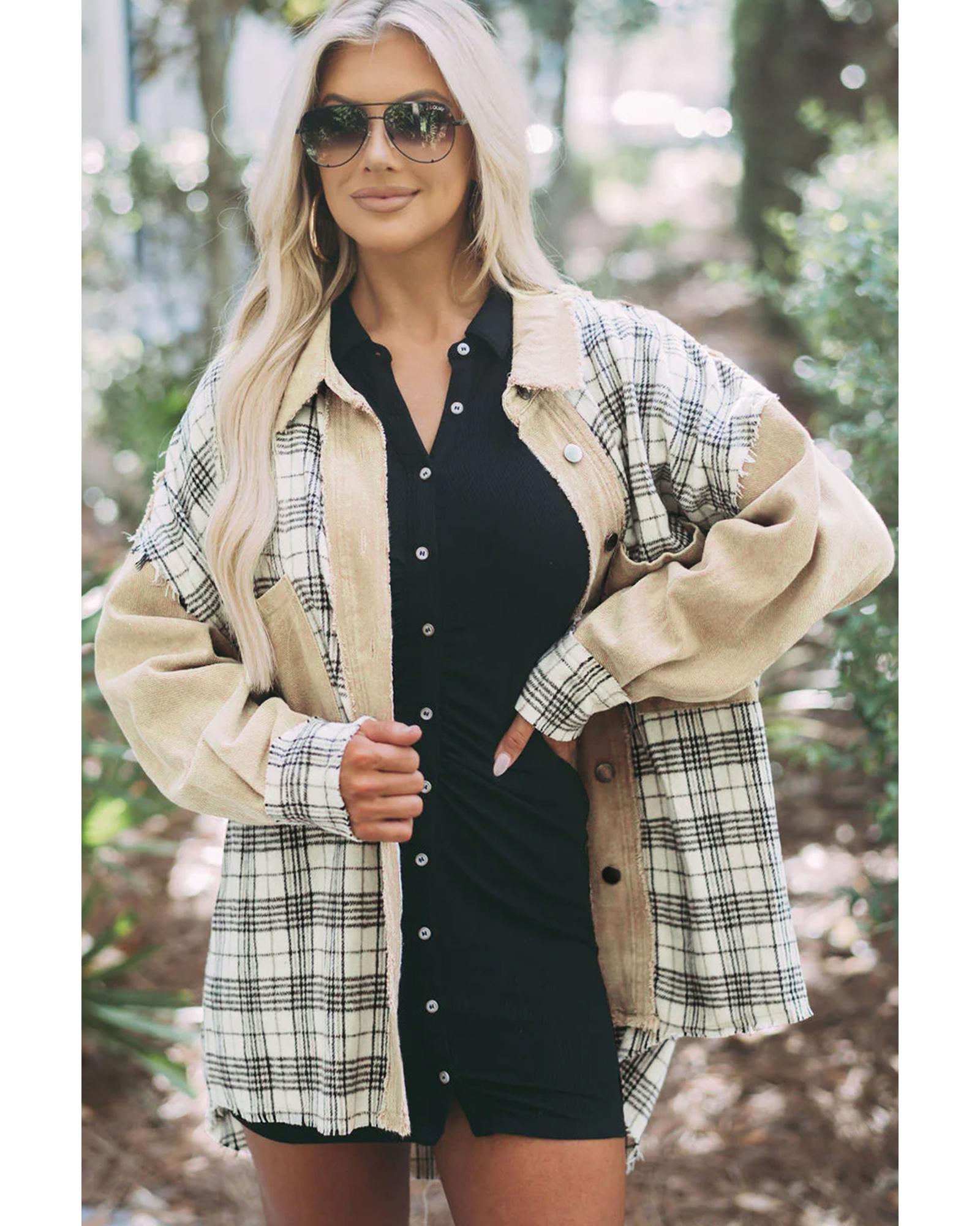 Khaki Distressed Raw Edge Plaid Patchwork Denim Jacket - M 8