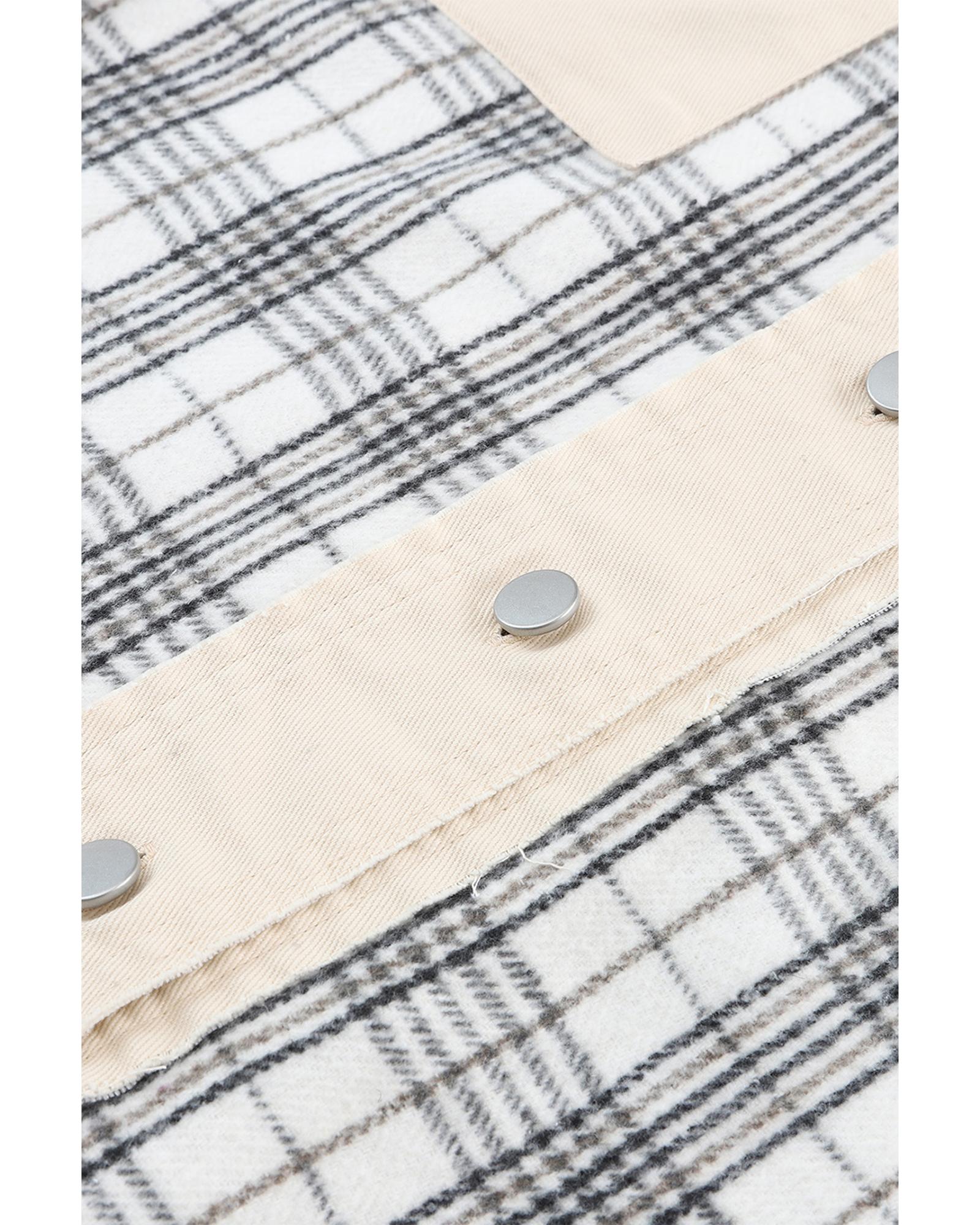 Khaki Distressed Raw Edge Plaid Patchwork Denim Jacket - S 4