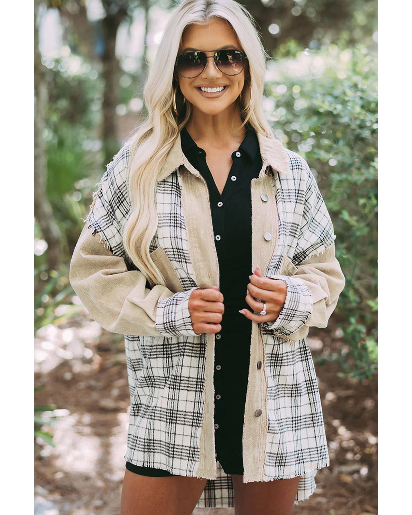 Khaki Distressed Raw Edge Plaid Patchwork Denim Jacket - XL 3