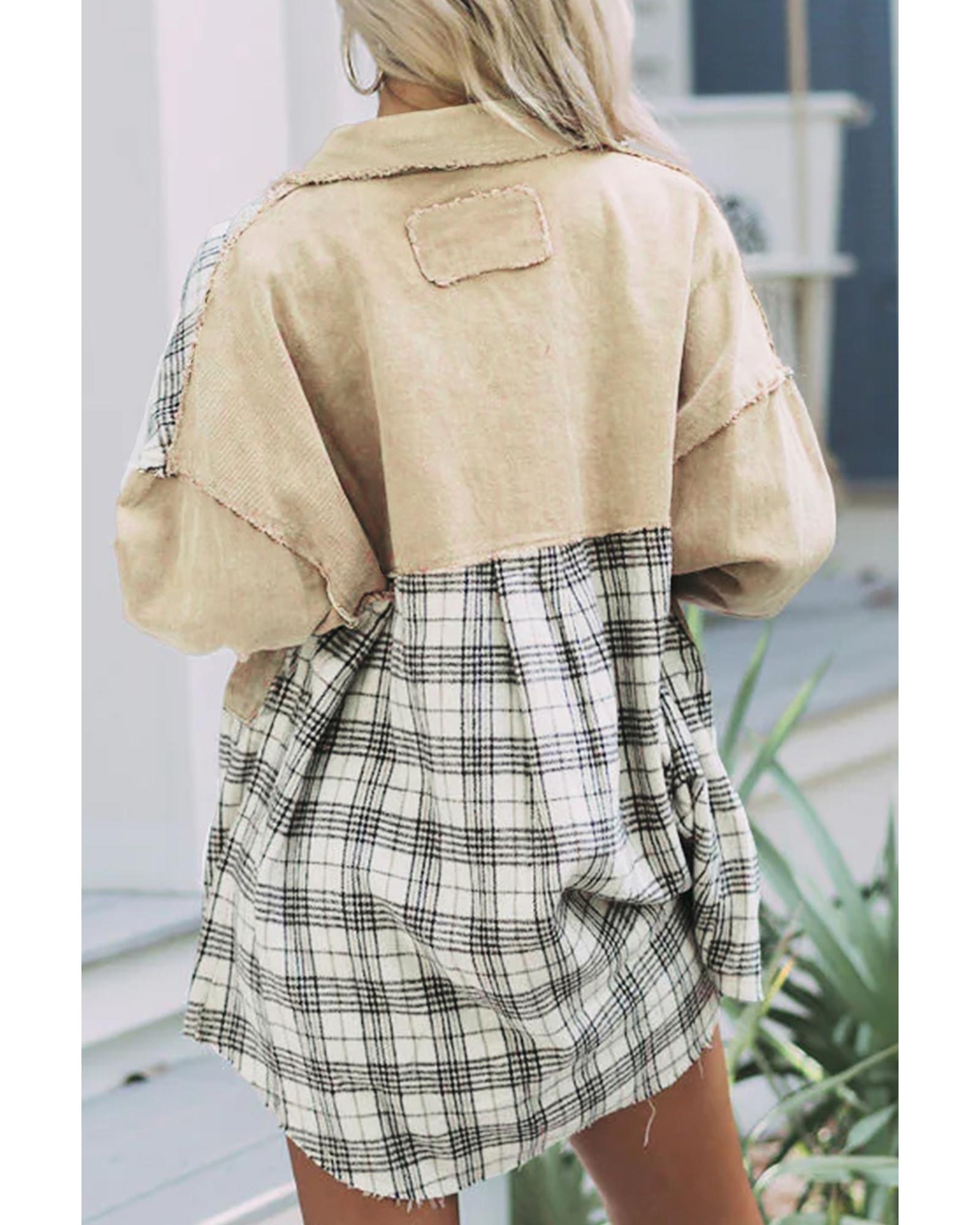 Khaki Distressed Raw Edge Plaid Patchwork Denim Jacket - XL 5