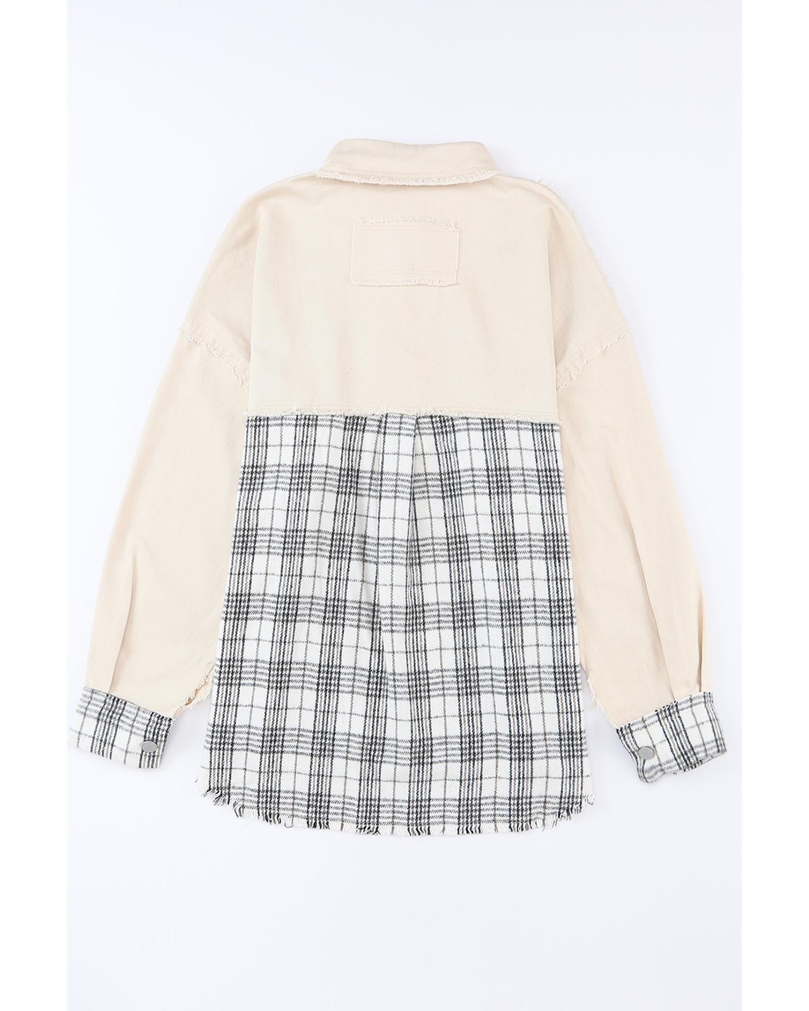 Khaki Distressed Raw Edge Plaid Patchwork Denim Jacket - XL 7