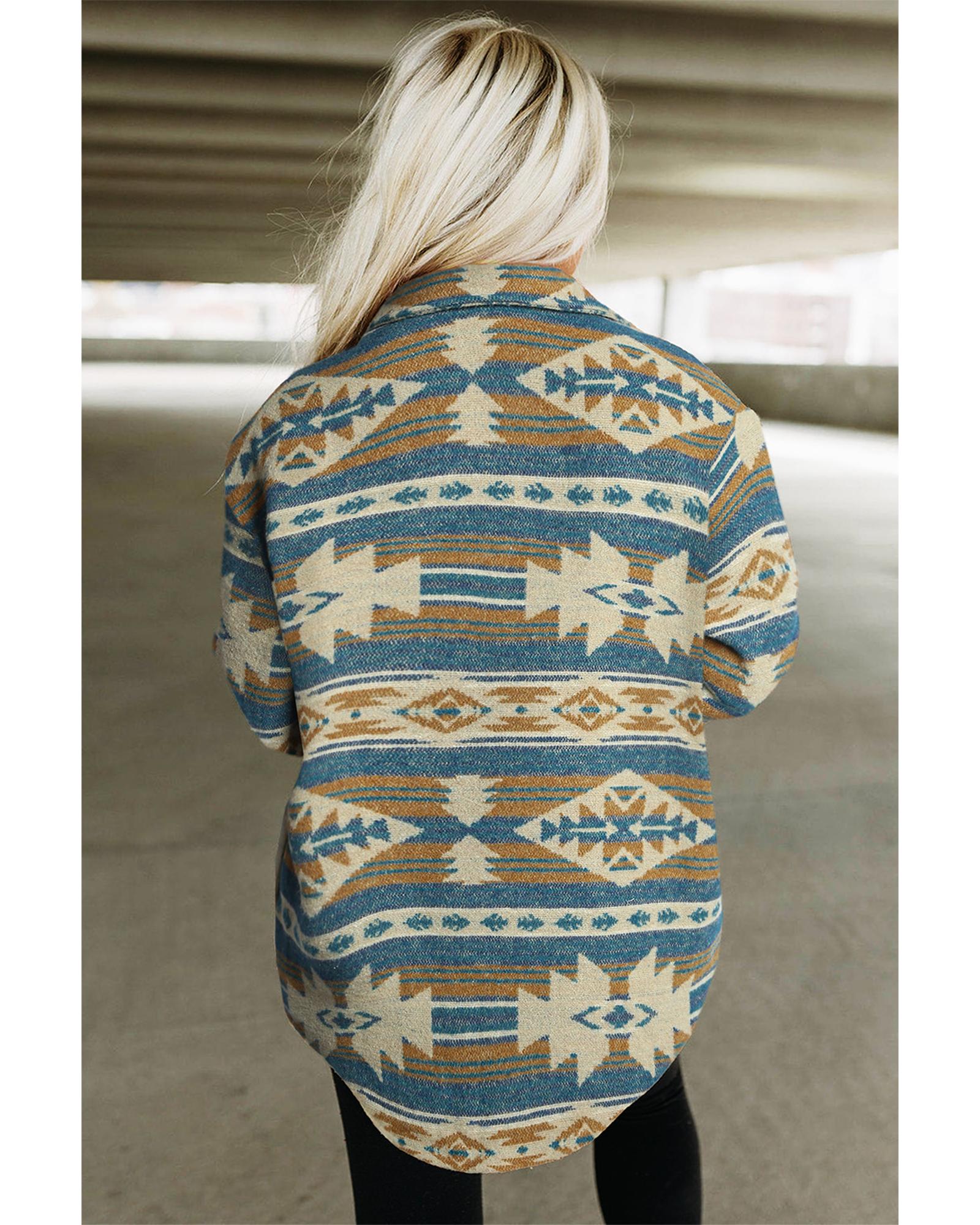 Azura Exchange Blue Western Aztec Print Button Flap Pocket Shacket - L 4