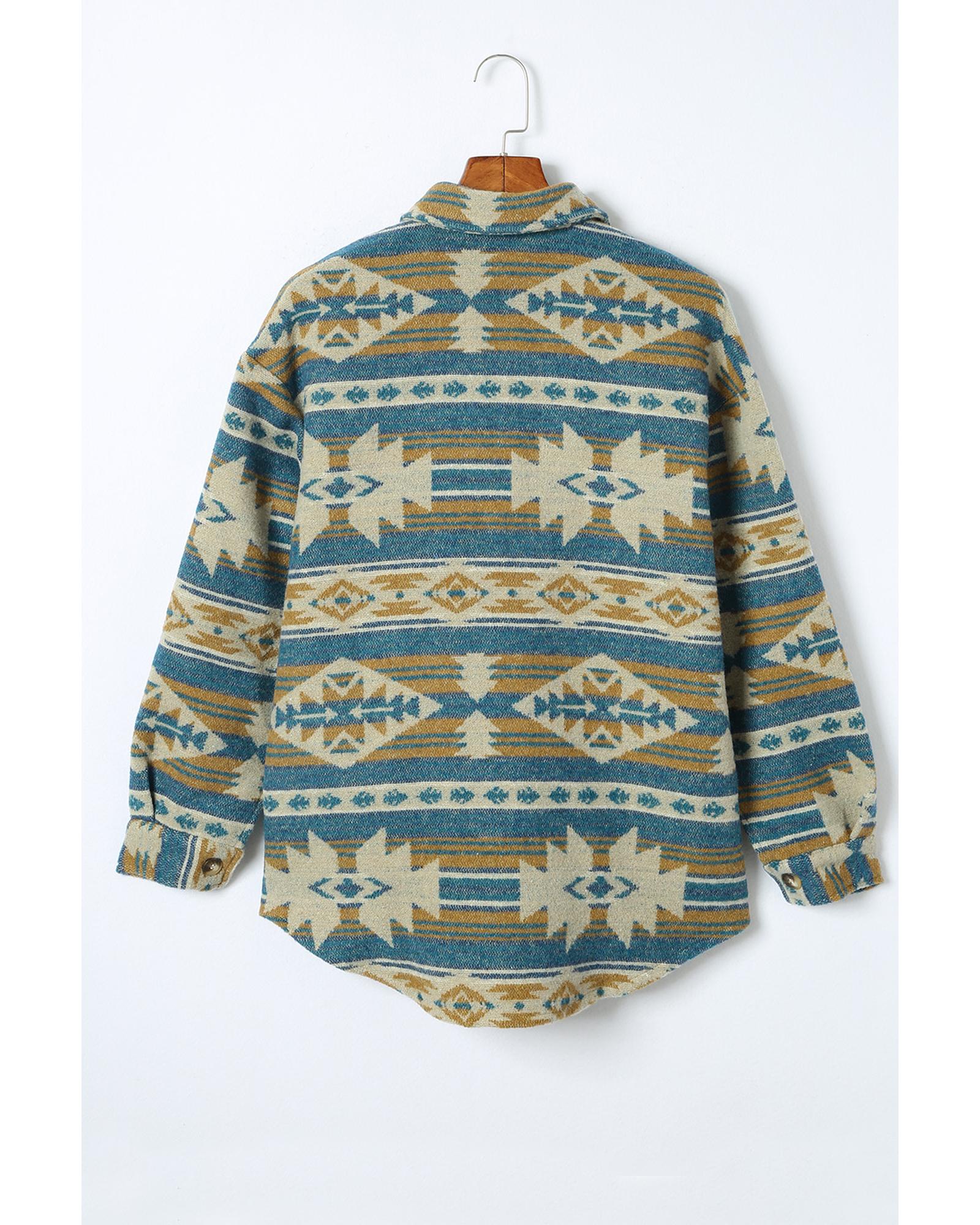 Azura Exchange Blue Western Aztec Print Button Flap Pocket Shacket - L 6