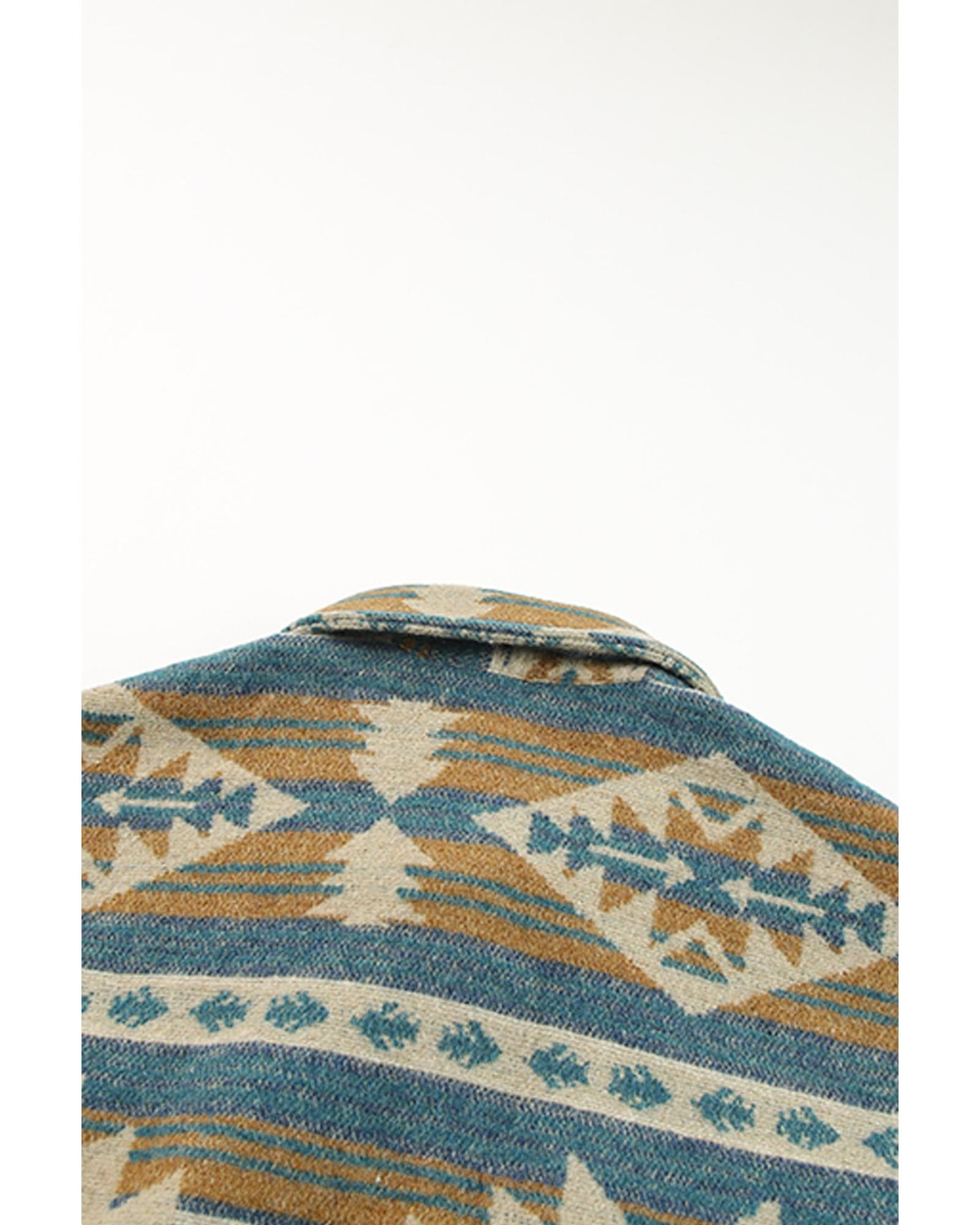 Azura Exchange Blue Western Aztec Print Button Flap Pocket Shacket - S 5
