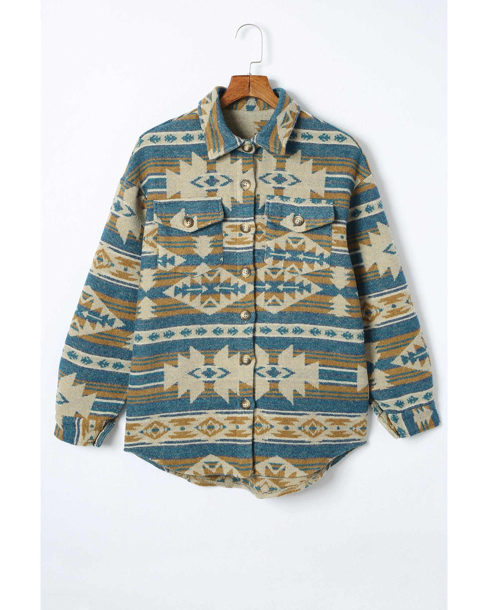 Azura Exchange Blue Western Aztec Print Button Flap Pocket Shacket - S 8