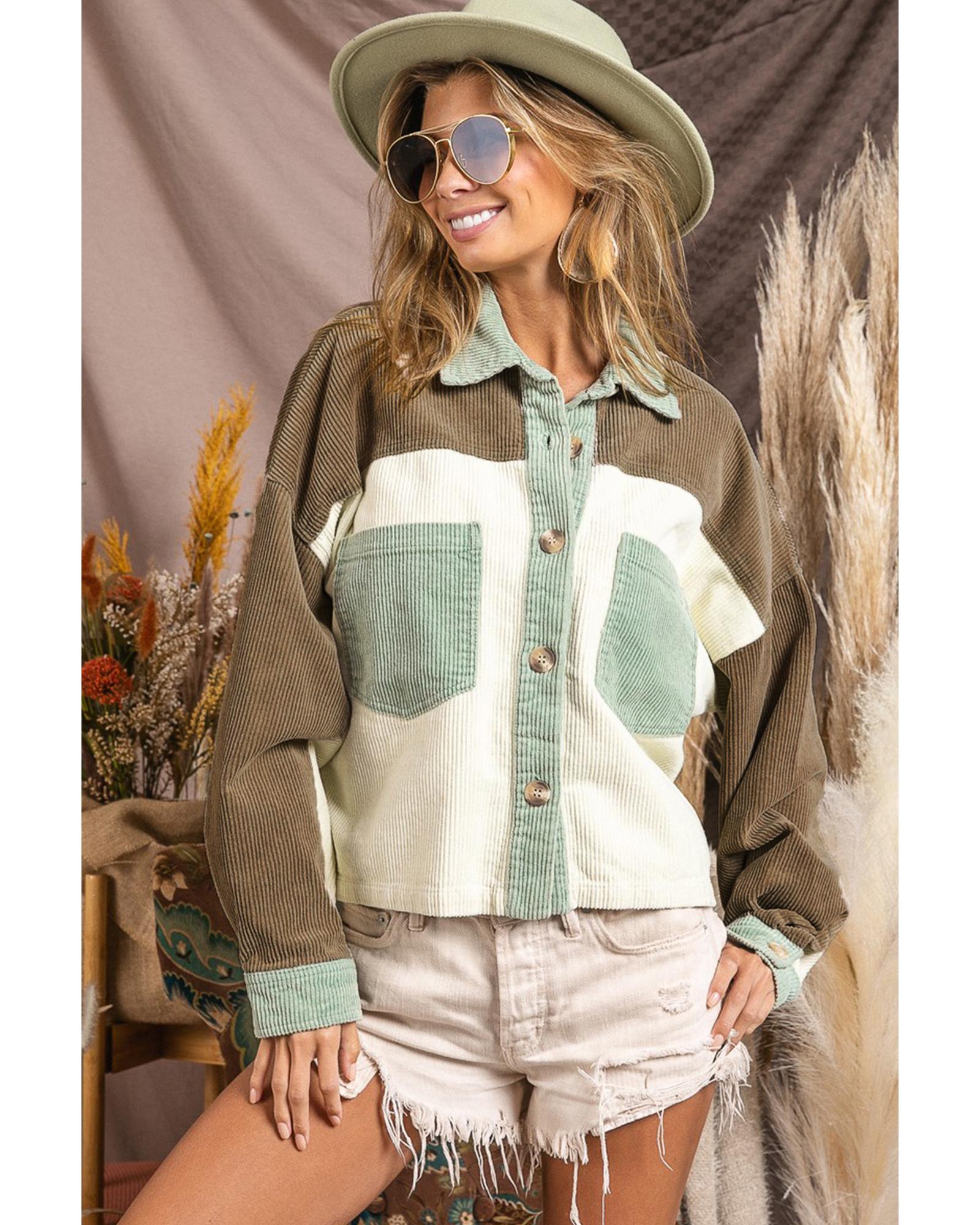 Green Color Block Patchwork Vintage Corduroy Jacket - L