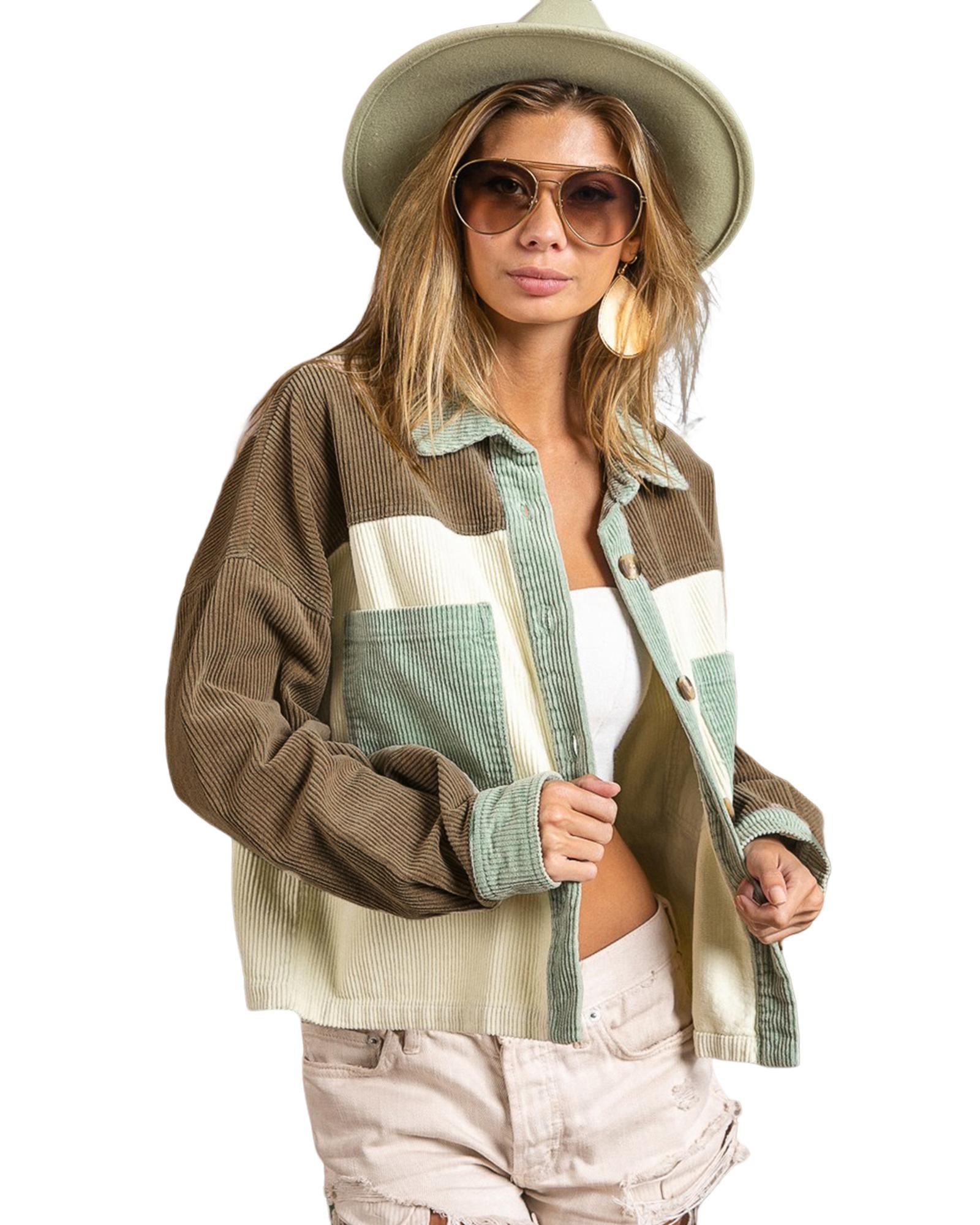 Green Color Block Patchwork Vintage Corduroy Jacket - XL