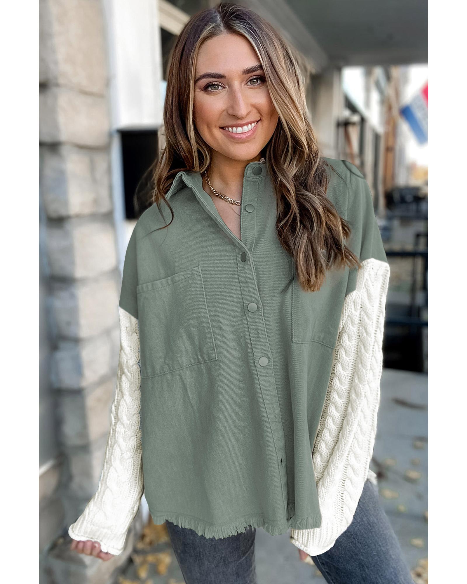 Green Cable Knit Sleeve Raw Hem Shacket - L 4