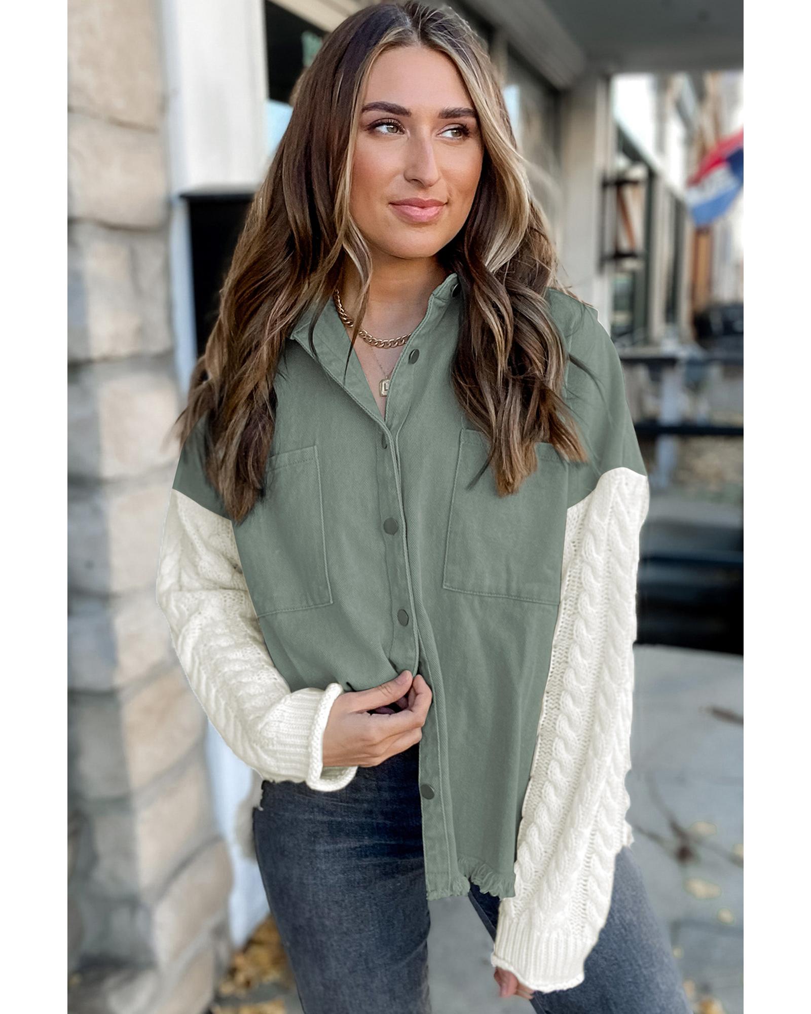 Green Cable Knit Sleeve Raw Hem Shacket - M 3