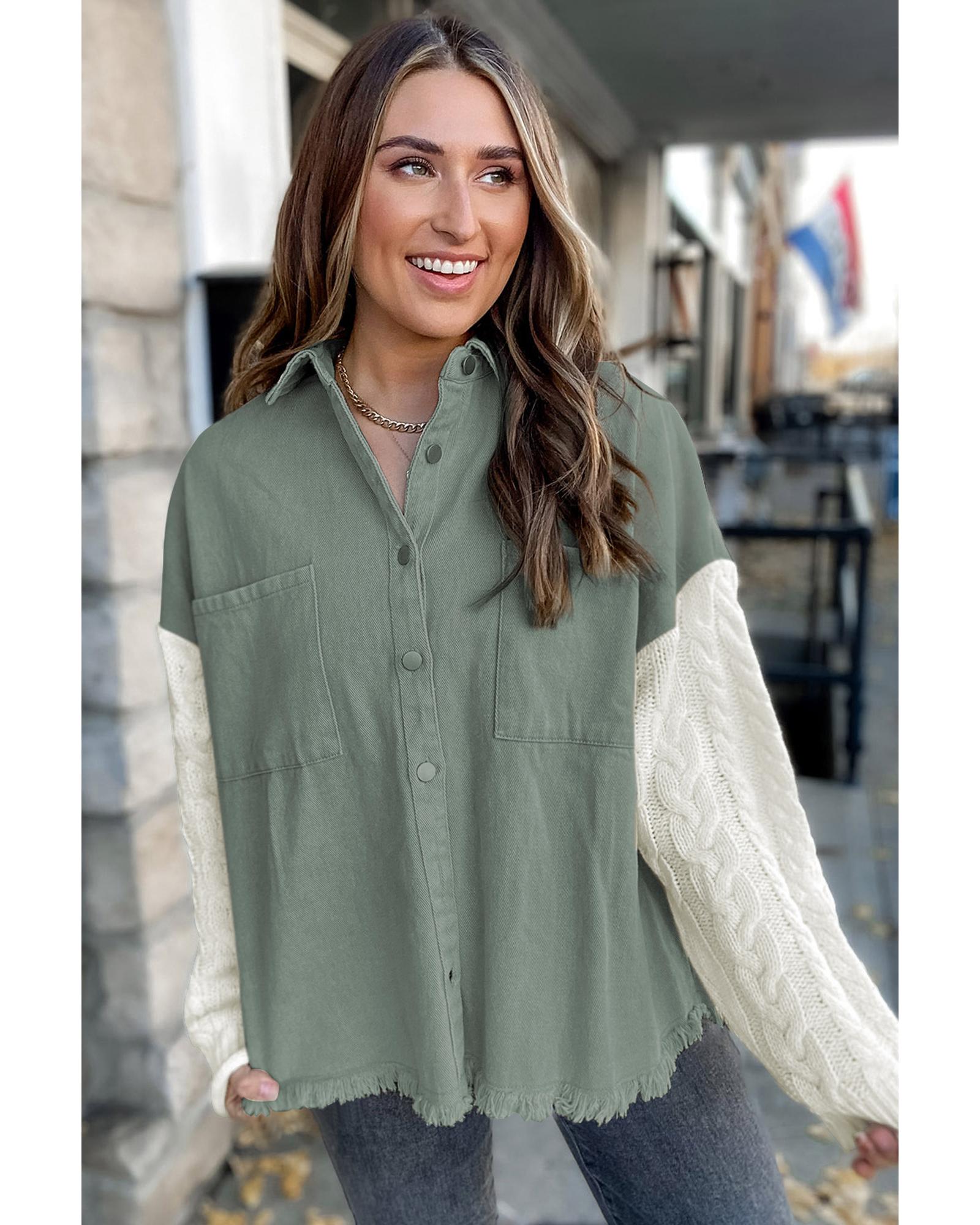 Green Cable Knit Sleeve Raw Hem Shacket - XL