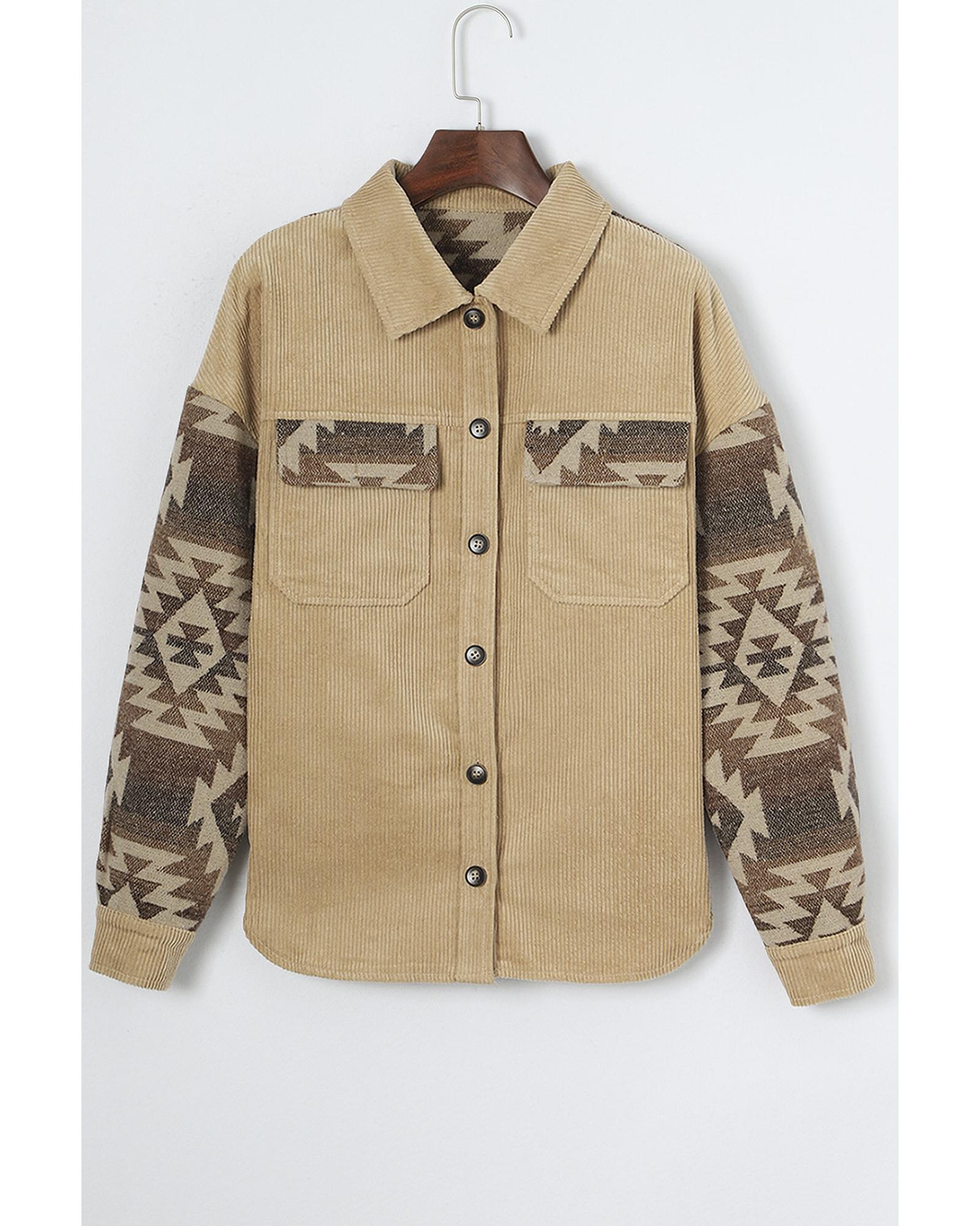 Khaki Aztec Print Patchwork Frayed Edge Corduroy Jacket - L 3