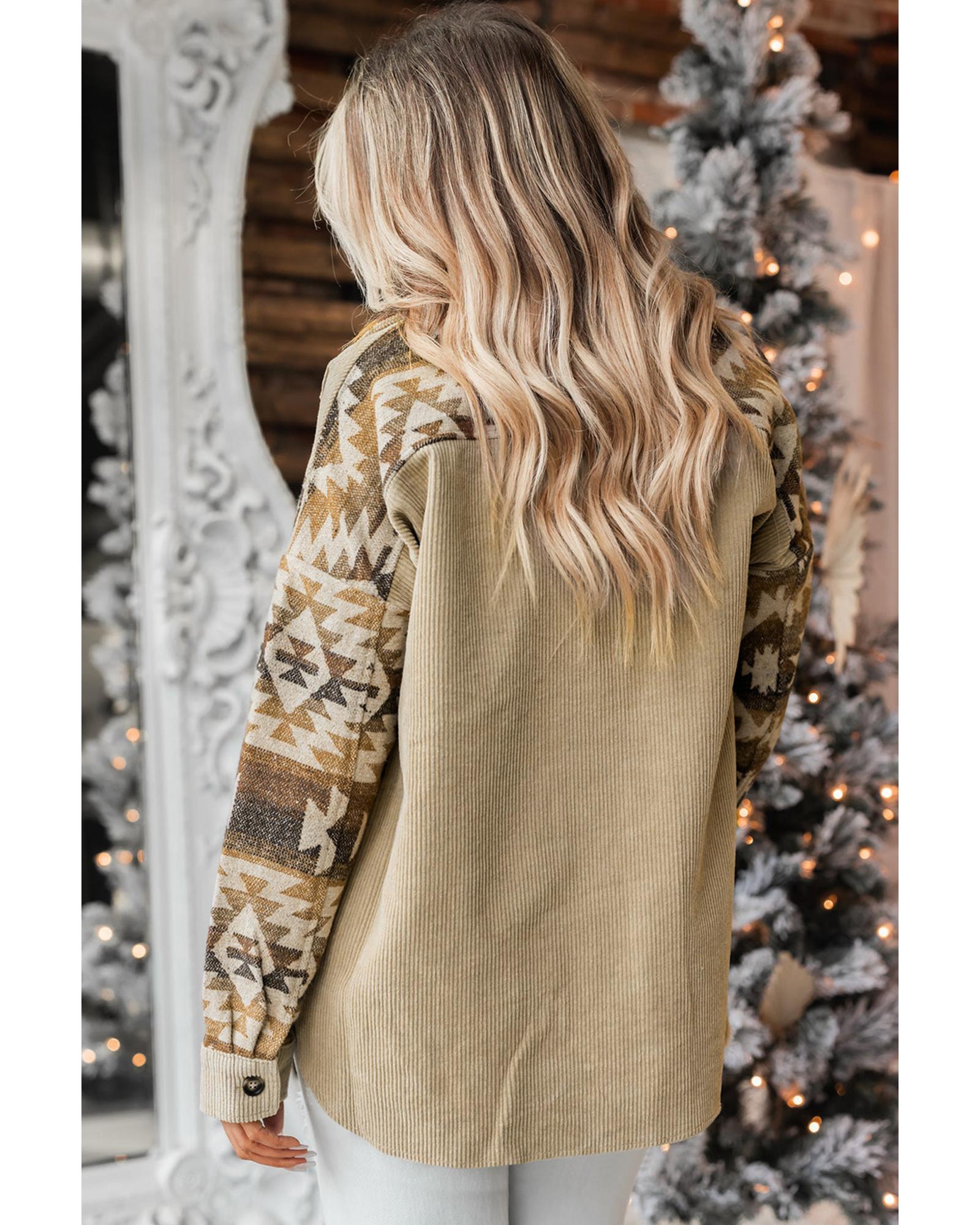 Khaki Aztec Print Patchwork Frayed Edge Corduroy Jacket - L 5