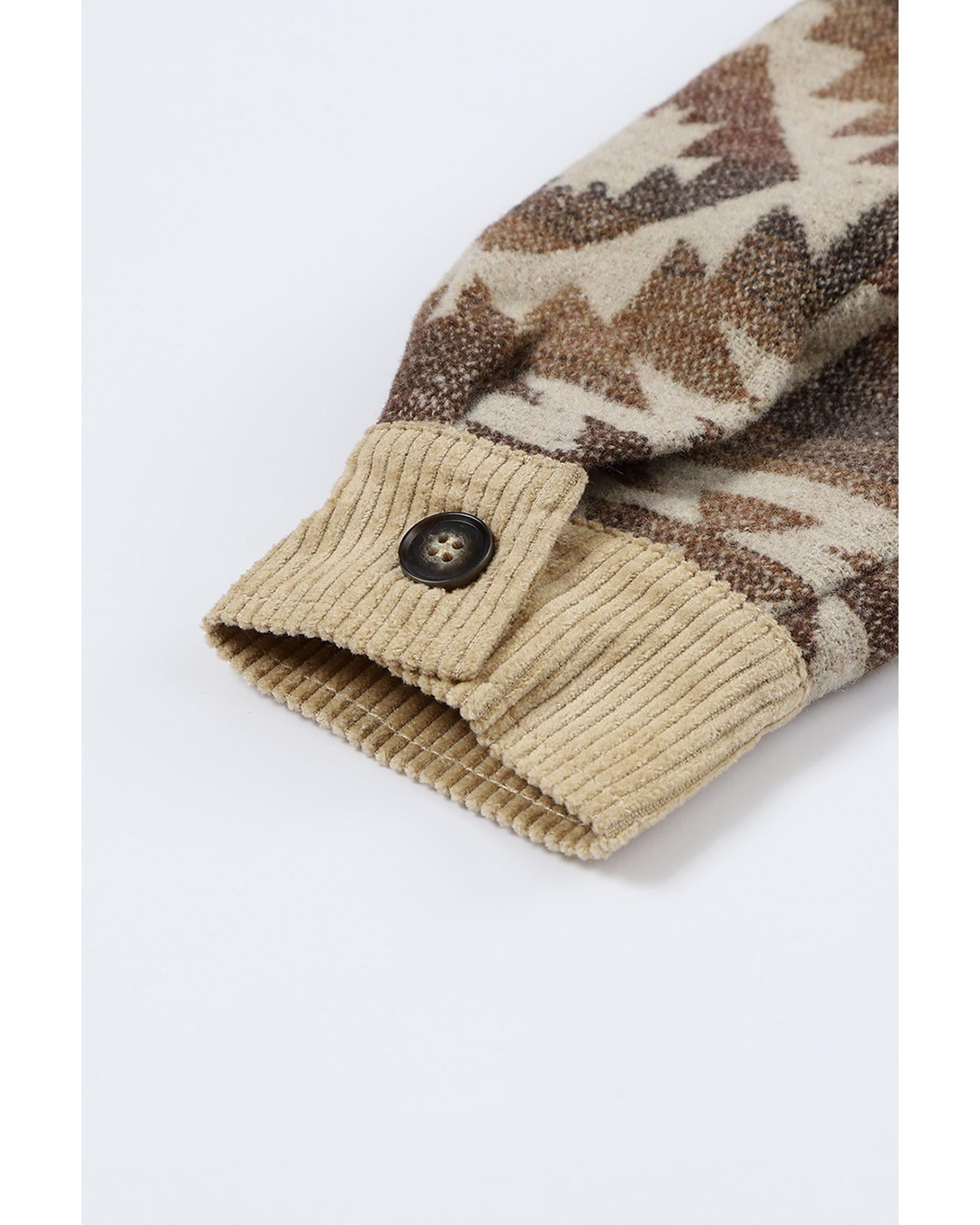 Khaki Aztec Print Patchwork Frayed Edge Corduroy Jacket - M