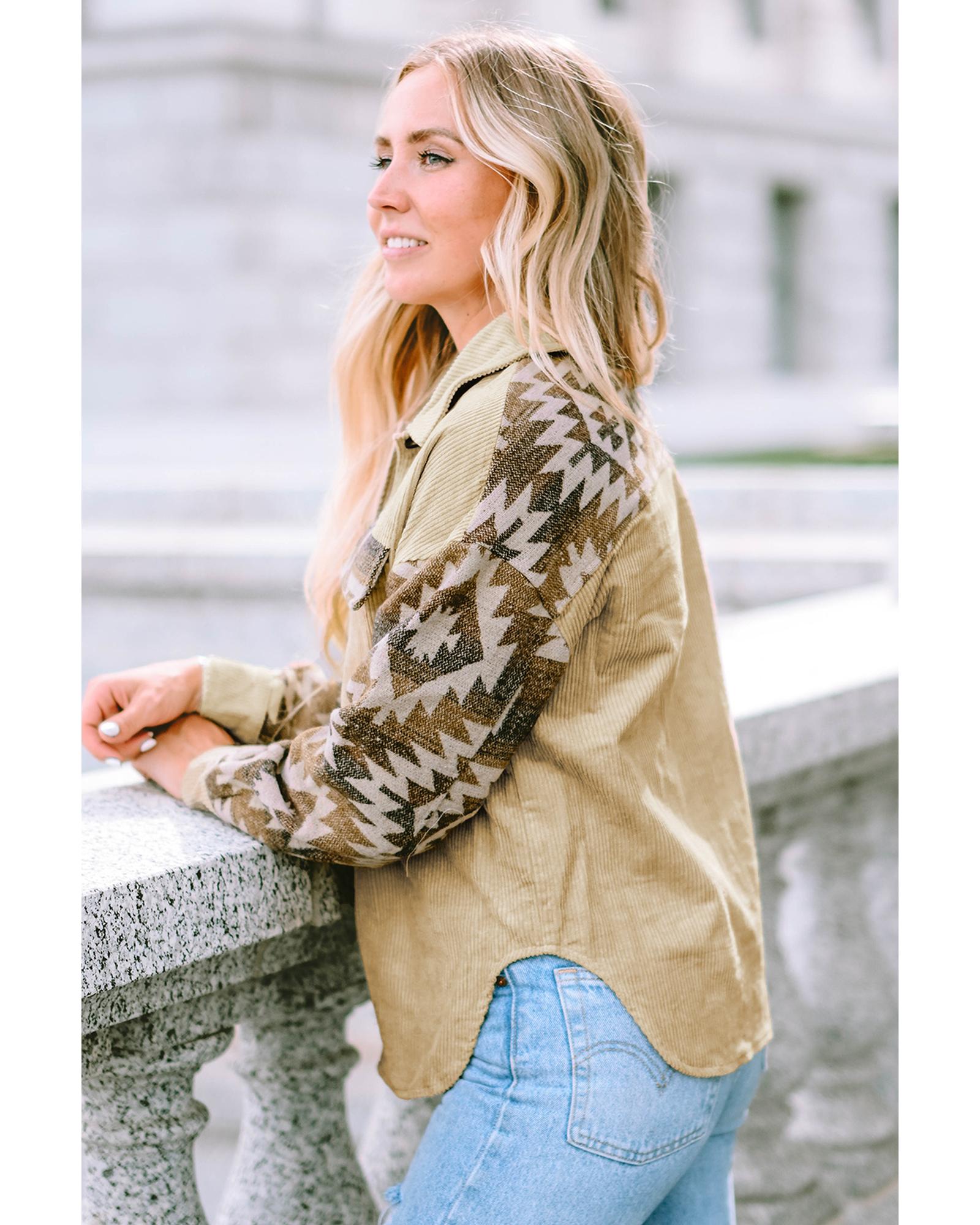 Khaki Aztec Print Patchwork Frayed Edge Corduroy Jacket - S