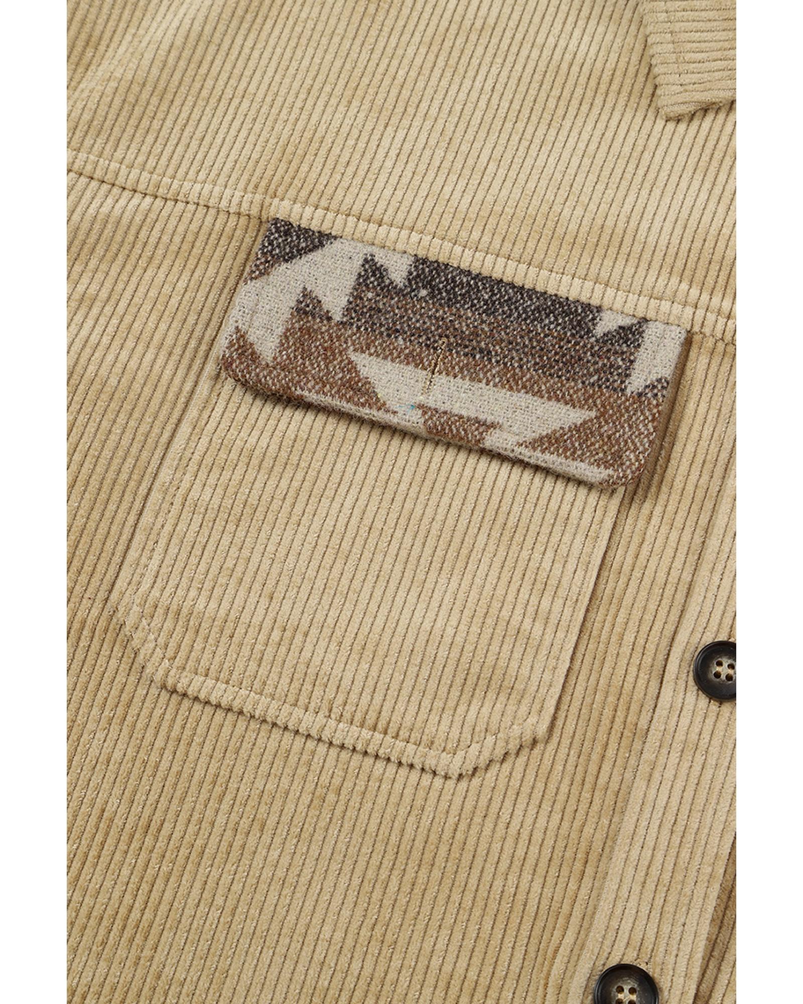 Khaki Aztec Print Patchwork Frayed Edge Corduroy Jacket - S 7
