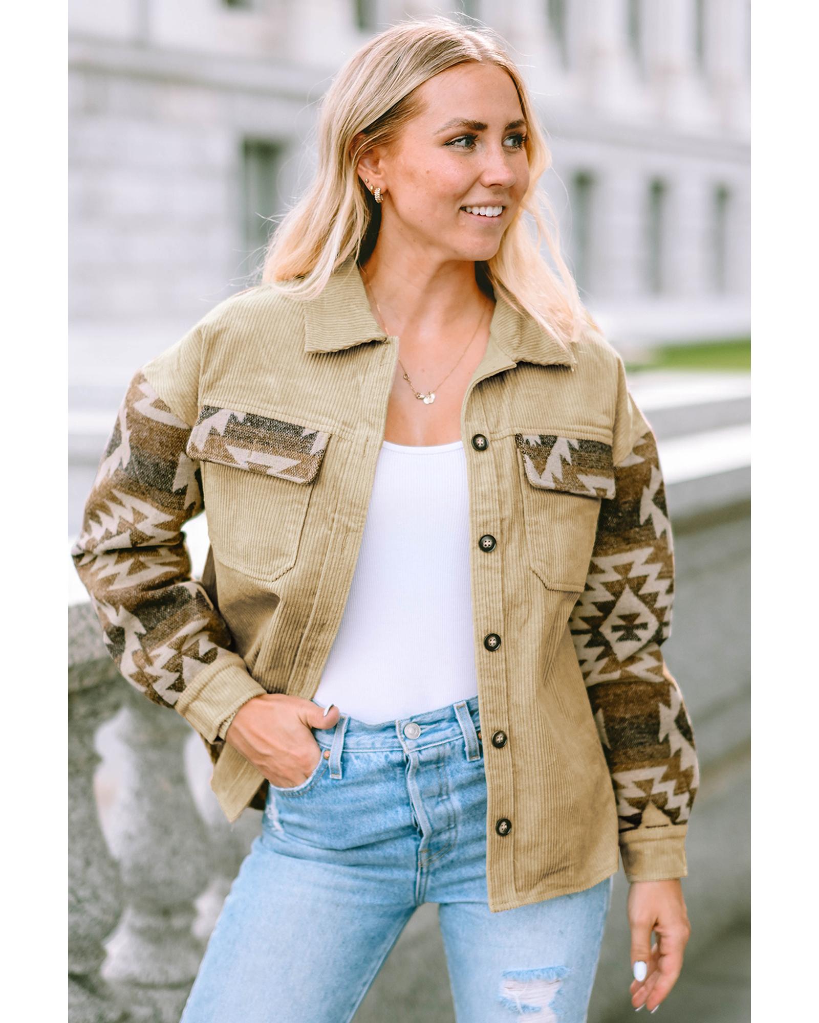 Khaki Aztec Print Patchwork Frayed Edge Corduroy Jacket - S 8