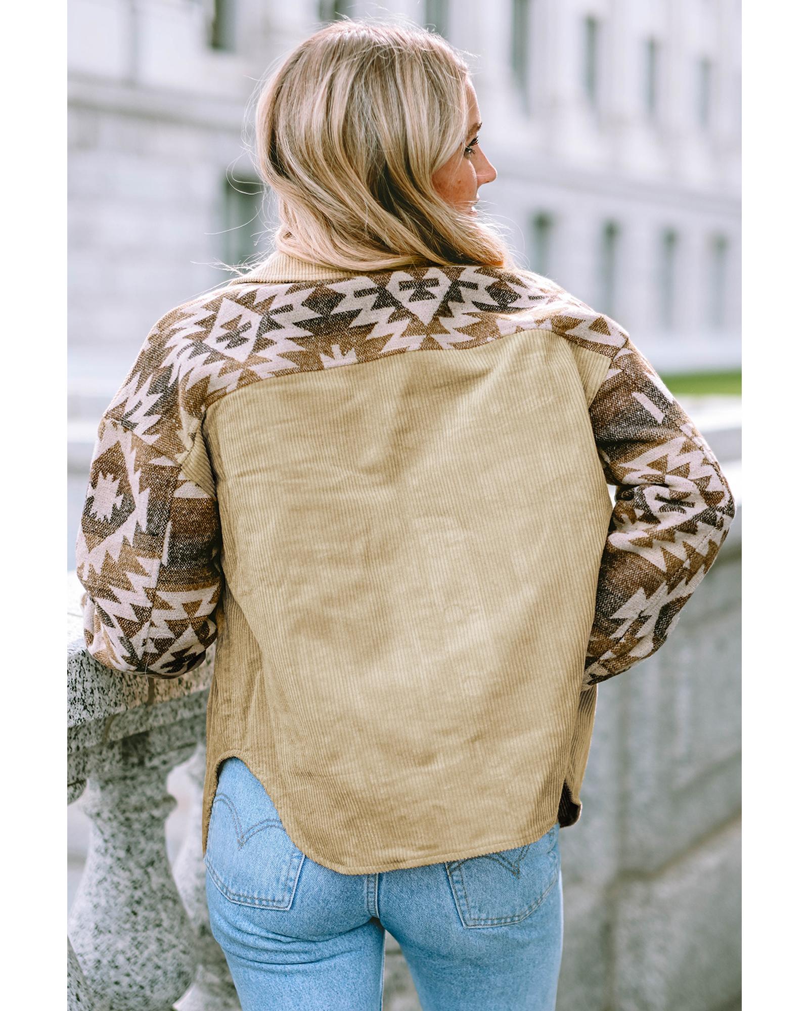 Khaki Aztec Print Patchwork Frayed Edge Corduroy Jacket - XL 4