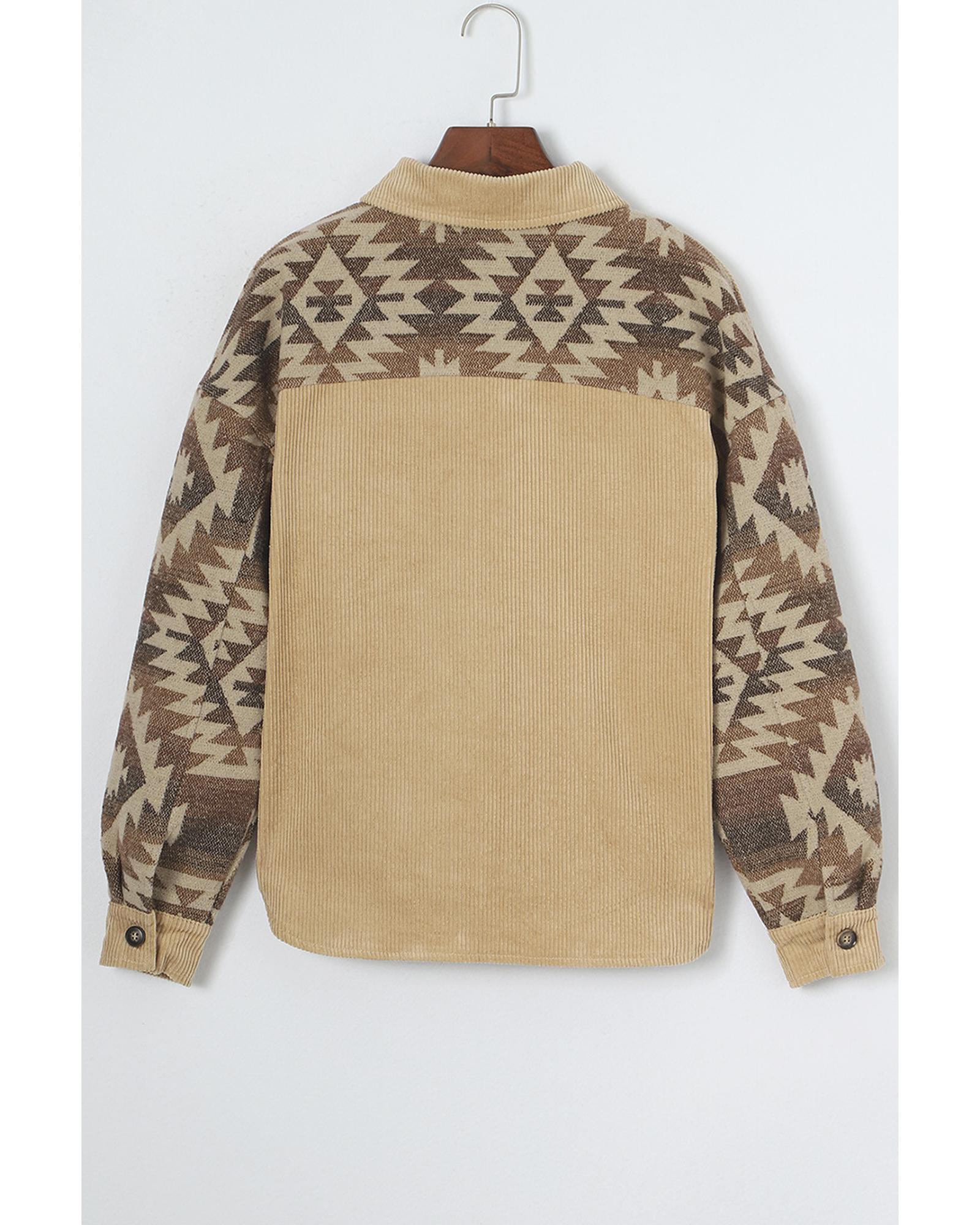 Khaki Aztec Print Patchwork Frayed Edge Corduroy Jacket - XL 6