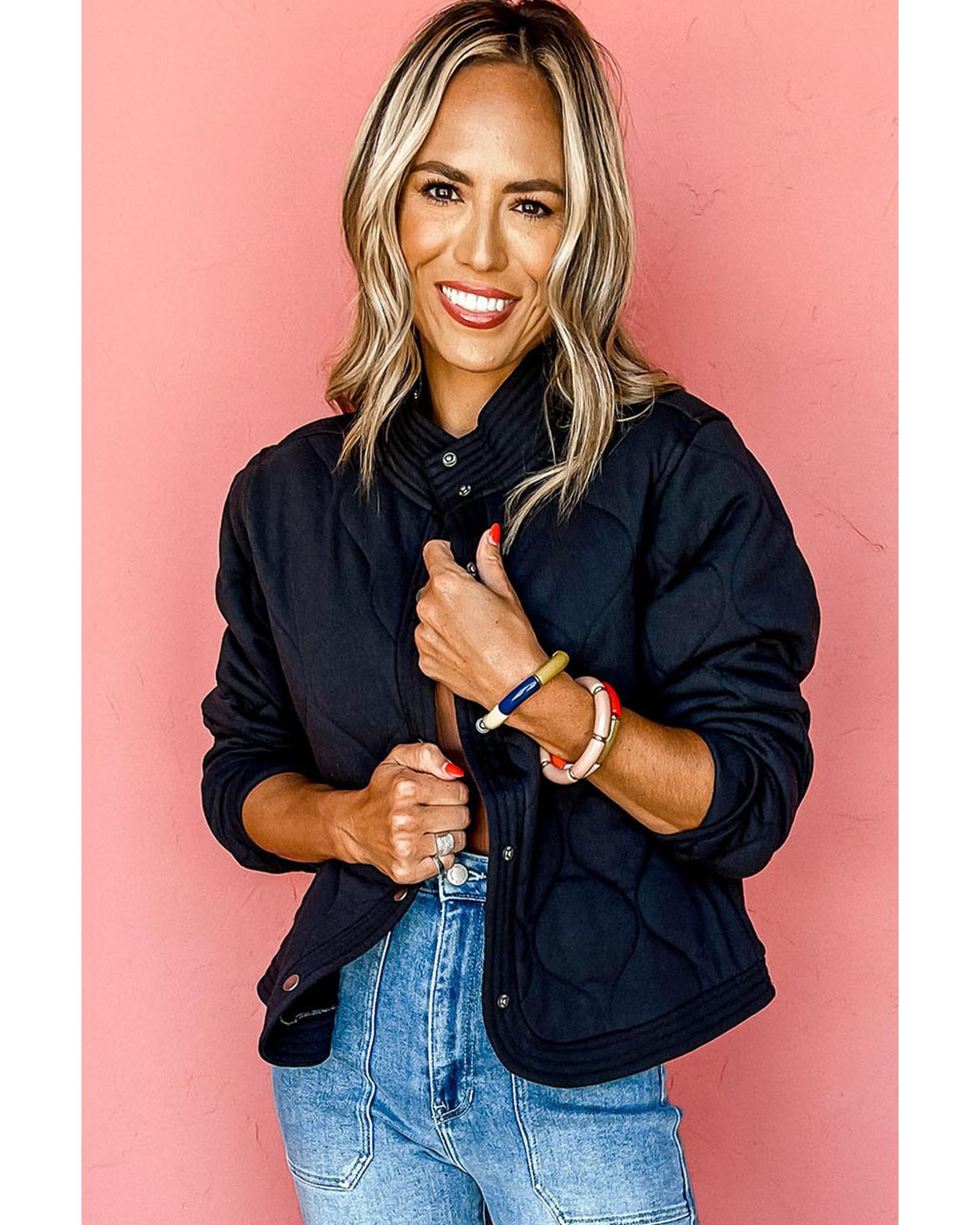 Black Solid Color Quilted Snap Button Jacket - L 4