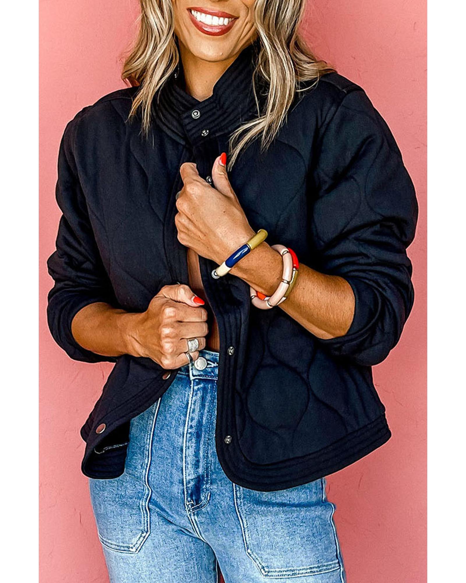 Black Solid Color Quilted Snap Button Jacket - XL 3