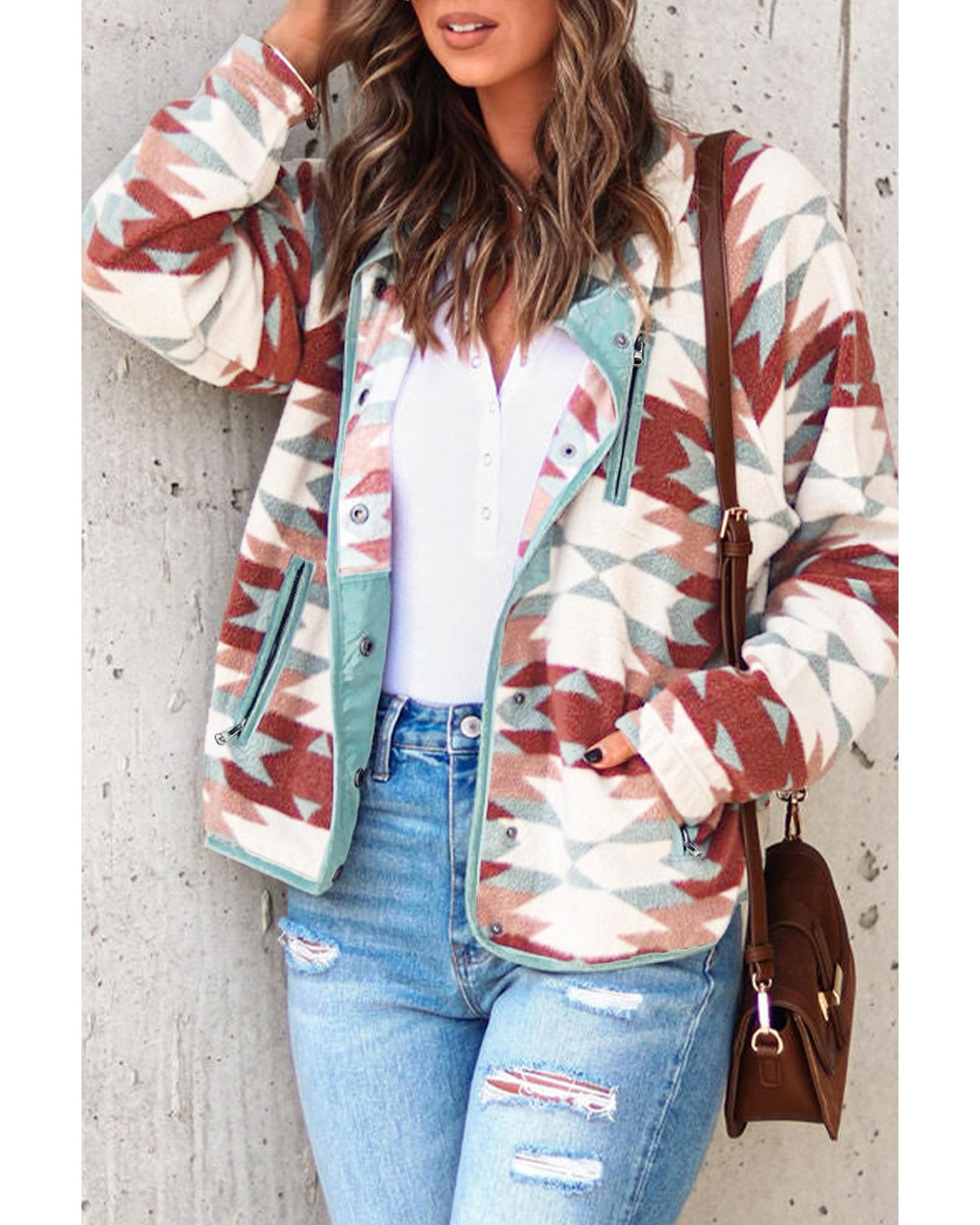 Azura Exchange Red Western Aztec Buttoned Zipper Pockets Fleece Jacket - L 4