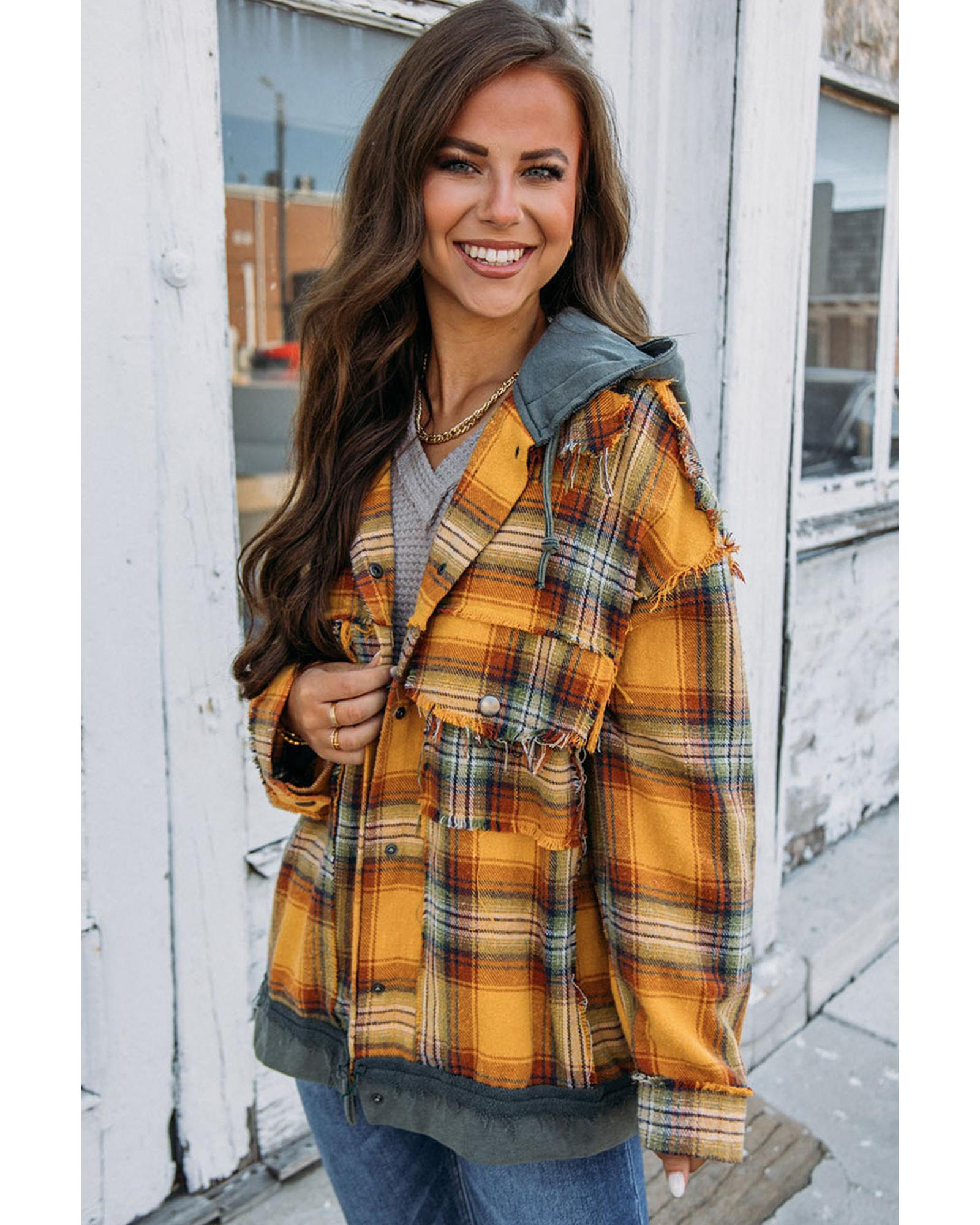 Orange Plaid Patch Hooded Frayed Snap Button Jacket - M