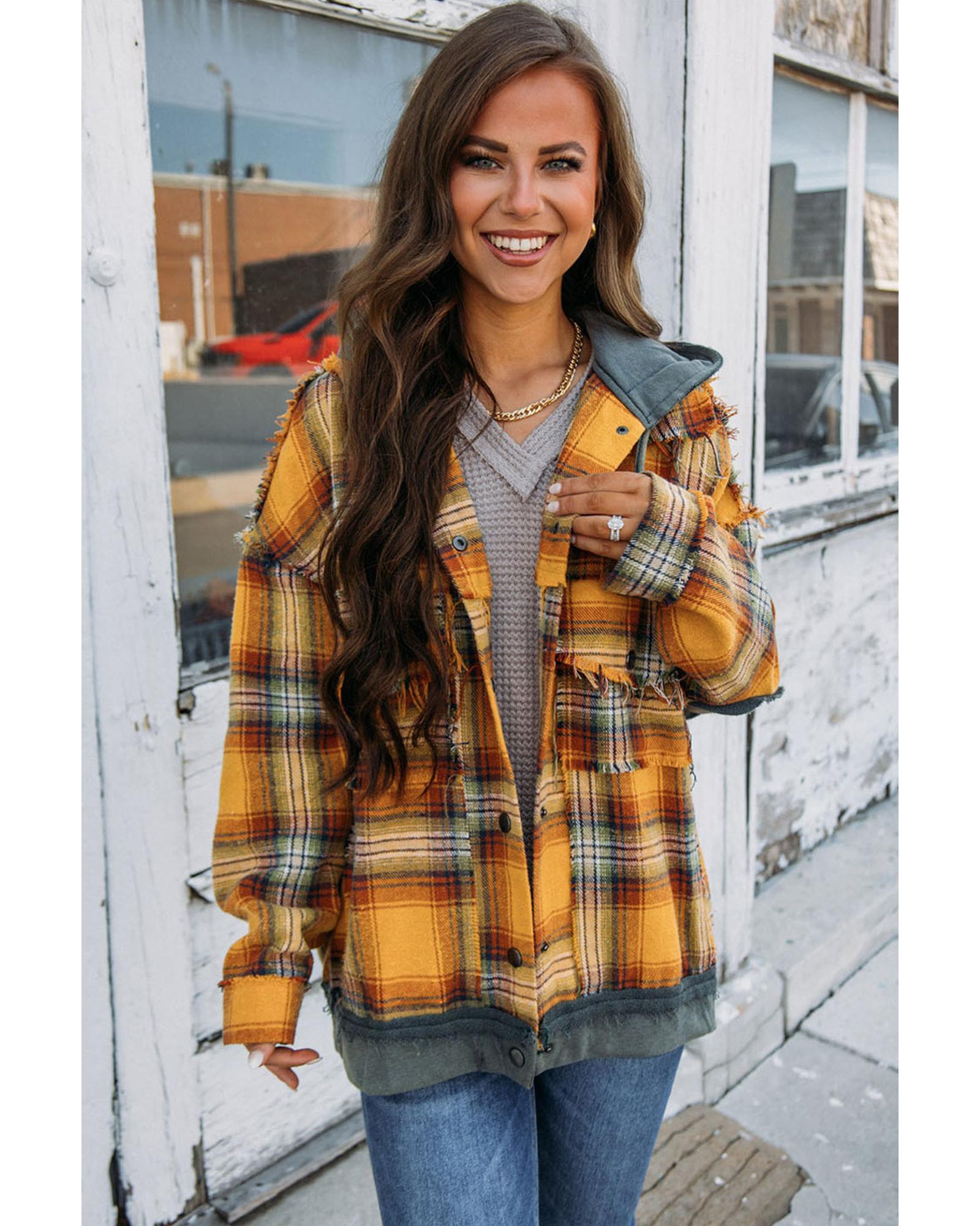 Orange Plaid Patch Hooded Frayed Snap Button Jacket - M