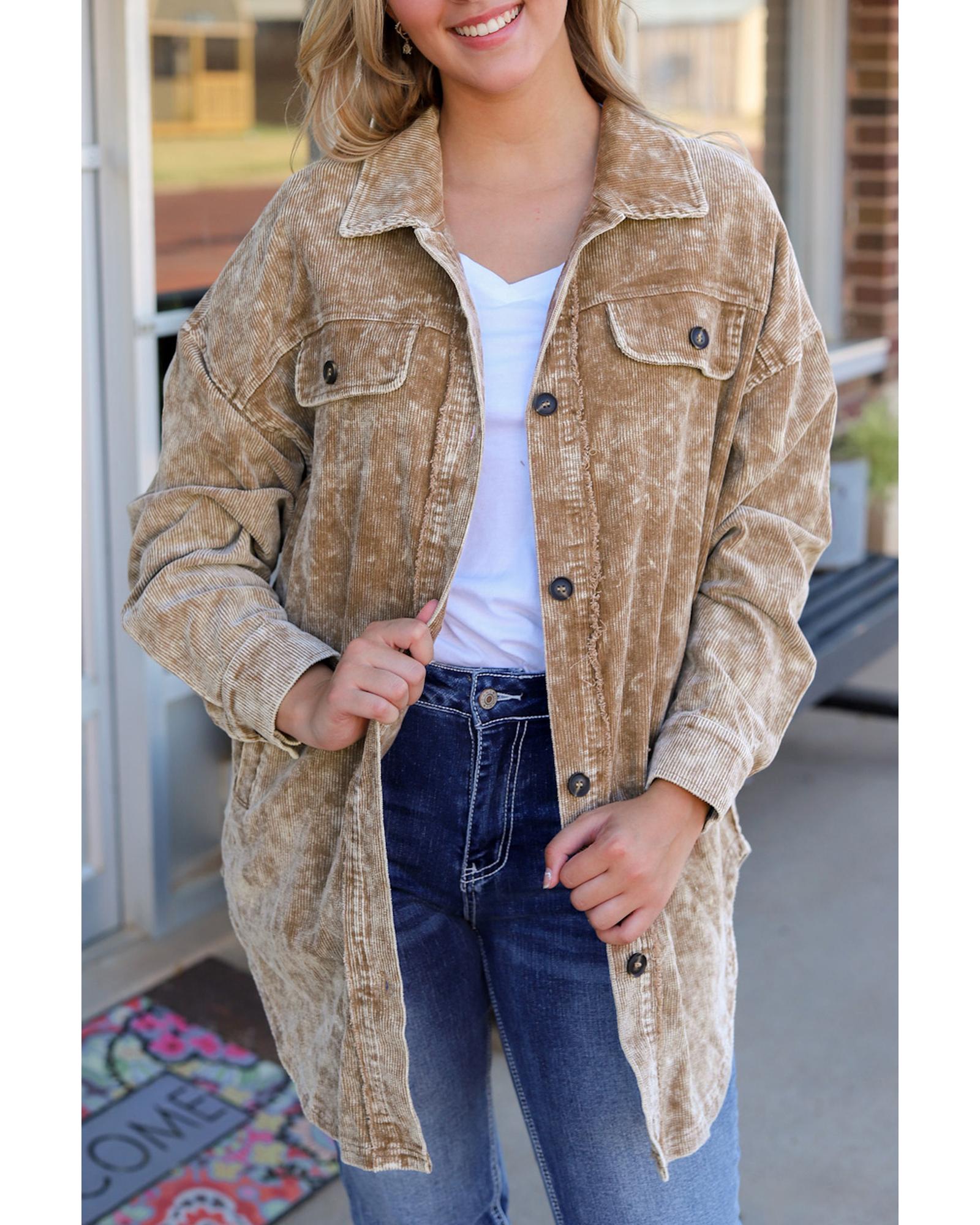 Khaki Vintage Distressed Mineral Wash Oversized Shacket - L 7