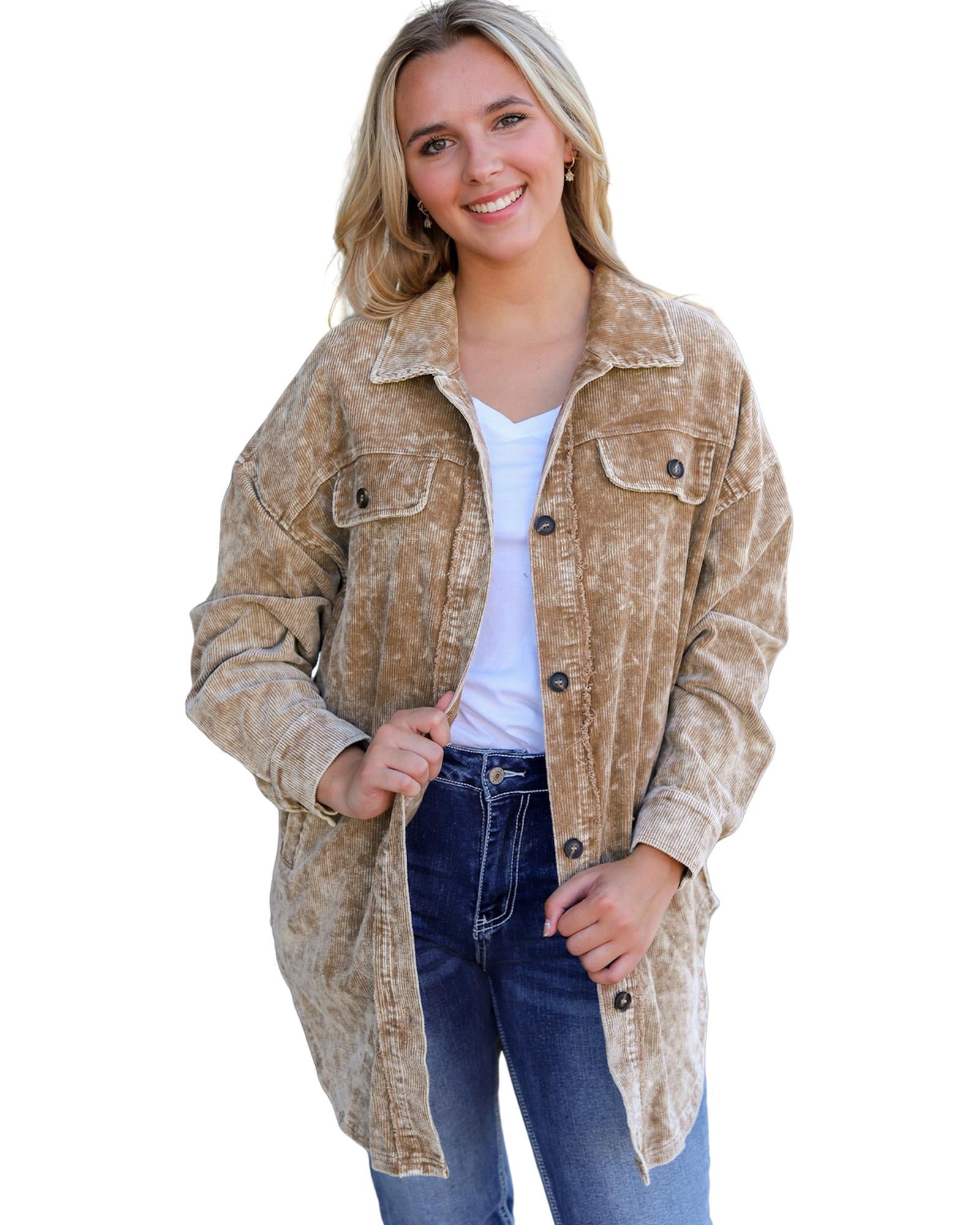 Khaki Vintage Distressed Mineral Wash Oversized Shacket - M 7
