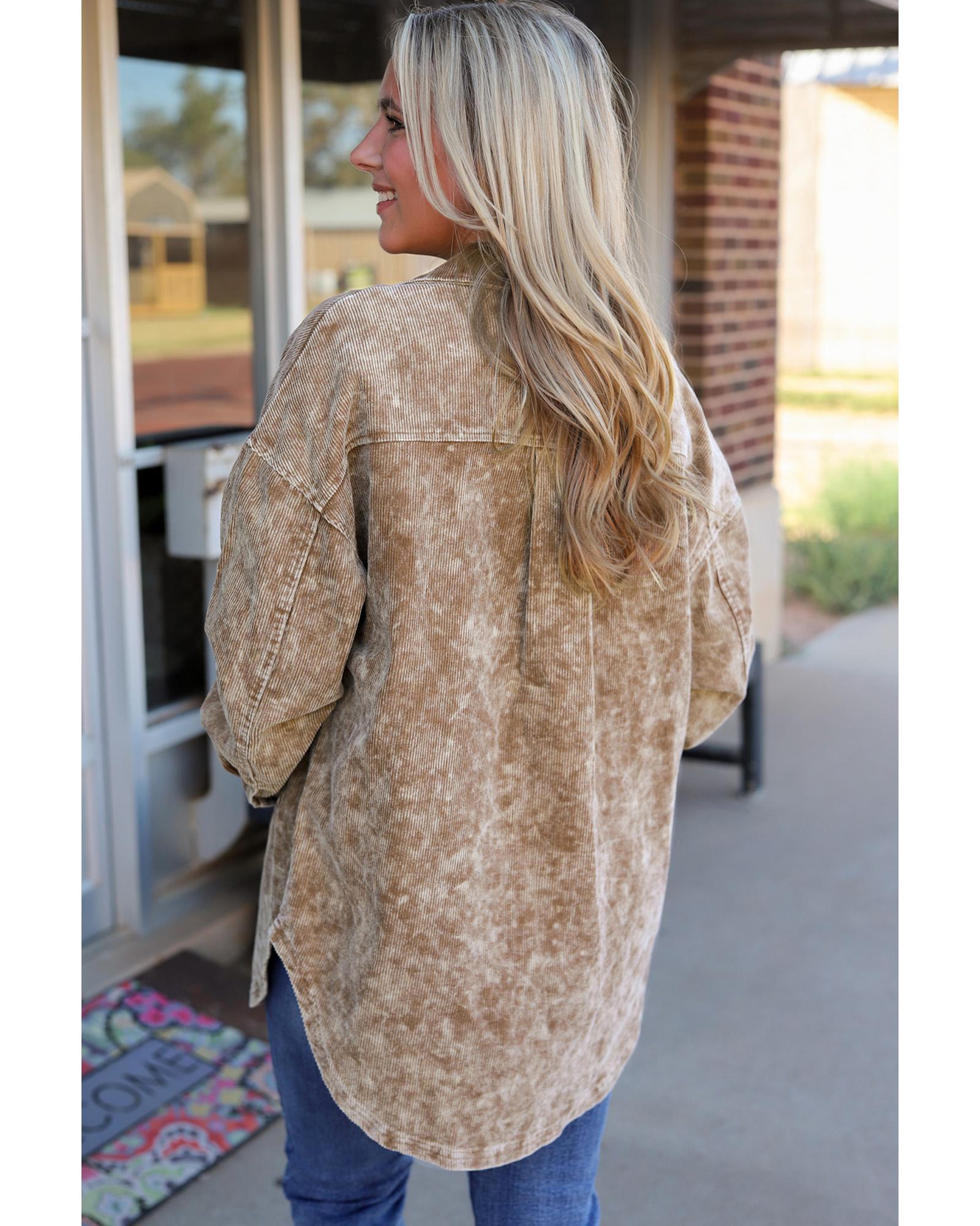 Khaki Vintage Distressed Mineral Wash Oversized Shacket - S