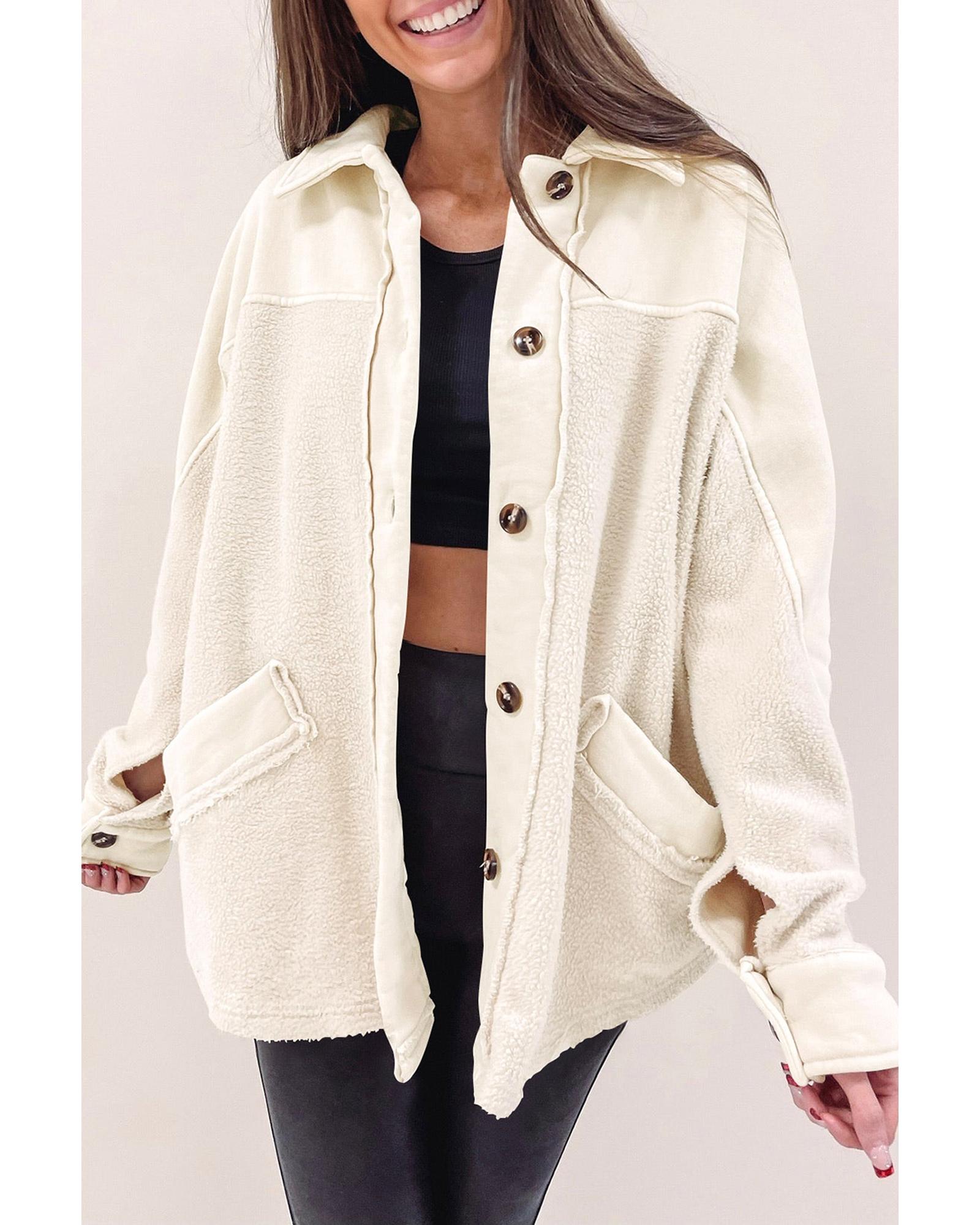 Beige Button-Up Stitching Pocket Raw Hem Shacket - L