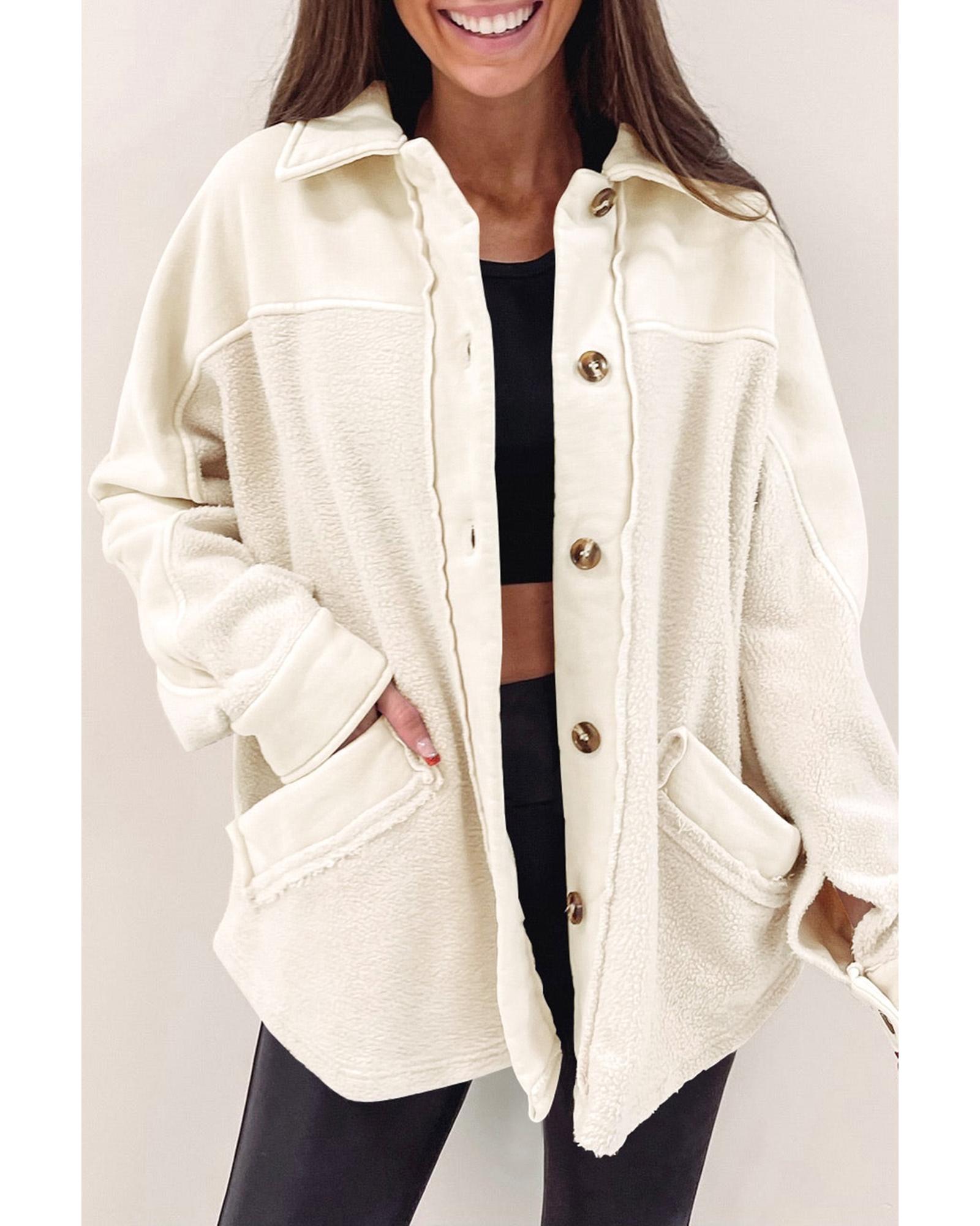 Beige Button-Up Stitching Pocket Raw Hem Shacket - M