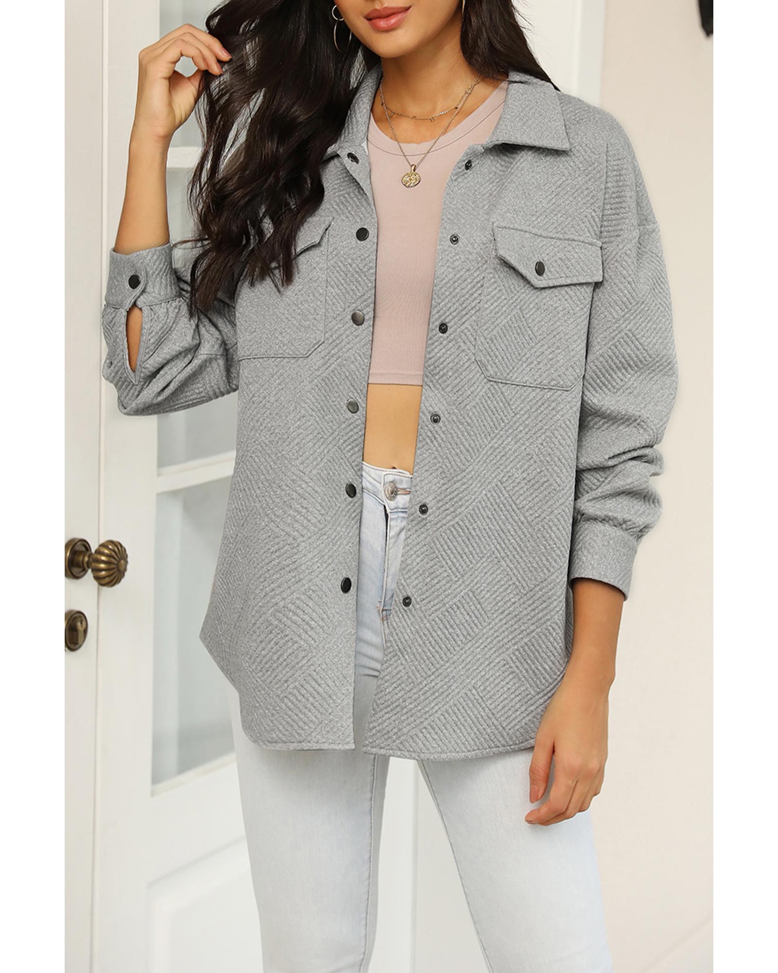 Gray Solid Textured Flap Pocket Buttoned Shacket - 2XL