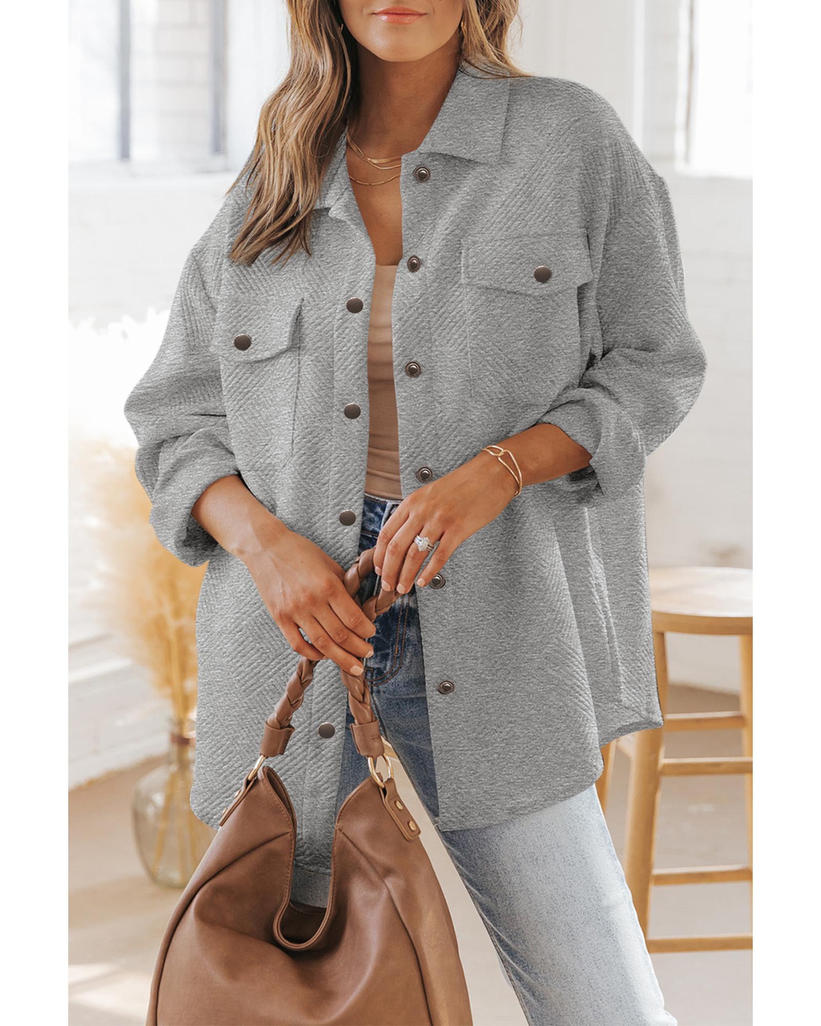 Gray Solid Textured Flap Pocket Buttoned Shacket - 2XL 5