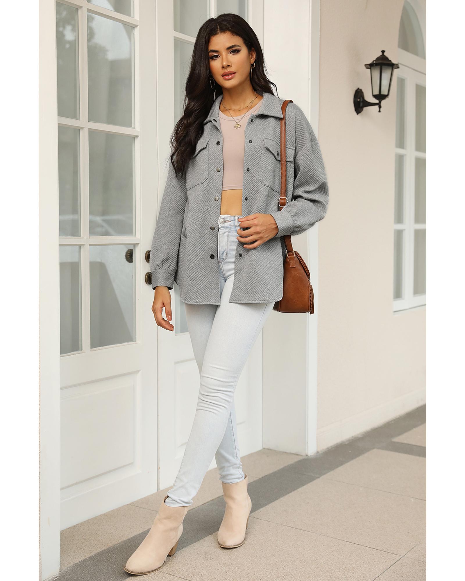 Gray Solid Textured Flap Pocket Buttoned Shacket - 2XL 7