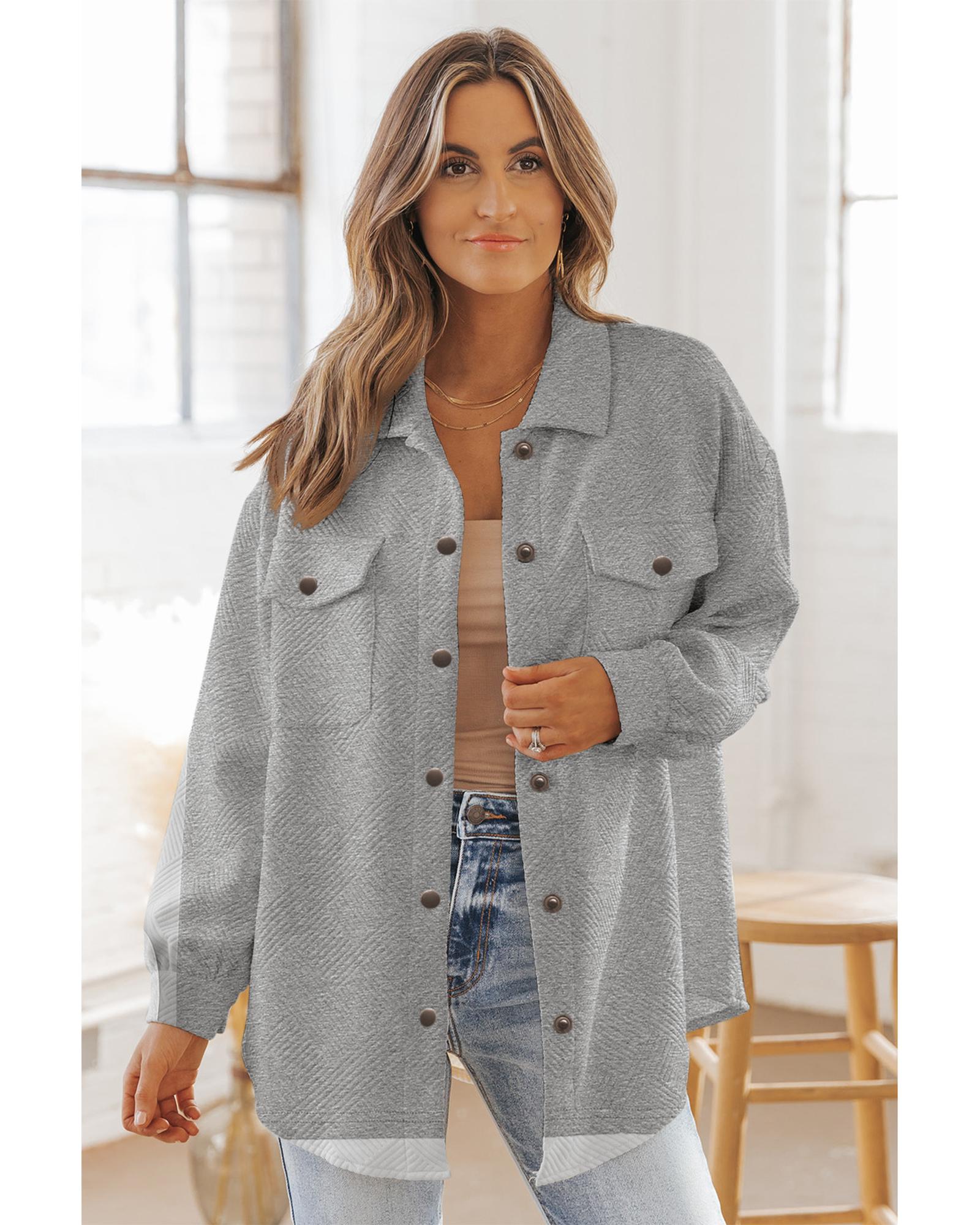 Gray Solid Textured Flap Pocket Buttoned Shacket - XL
