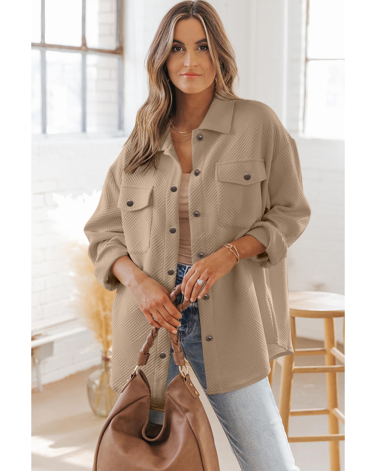 Khaki Solid Textured Flap Pocket Buttoned Shacket - L 5