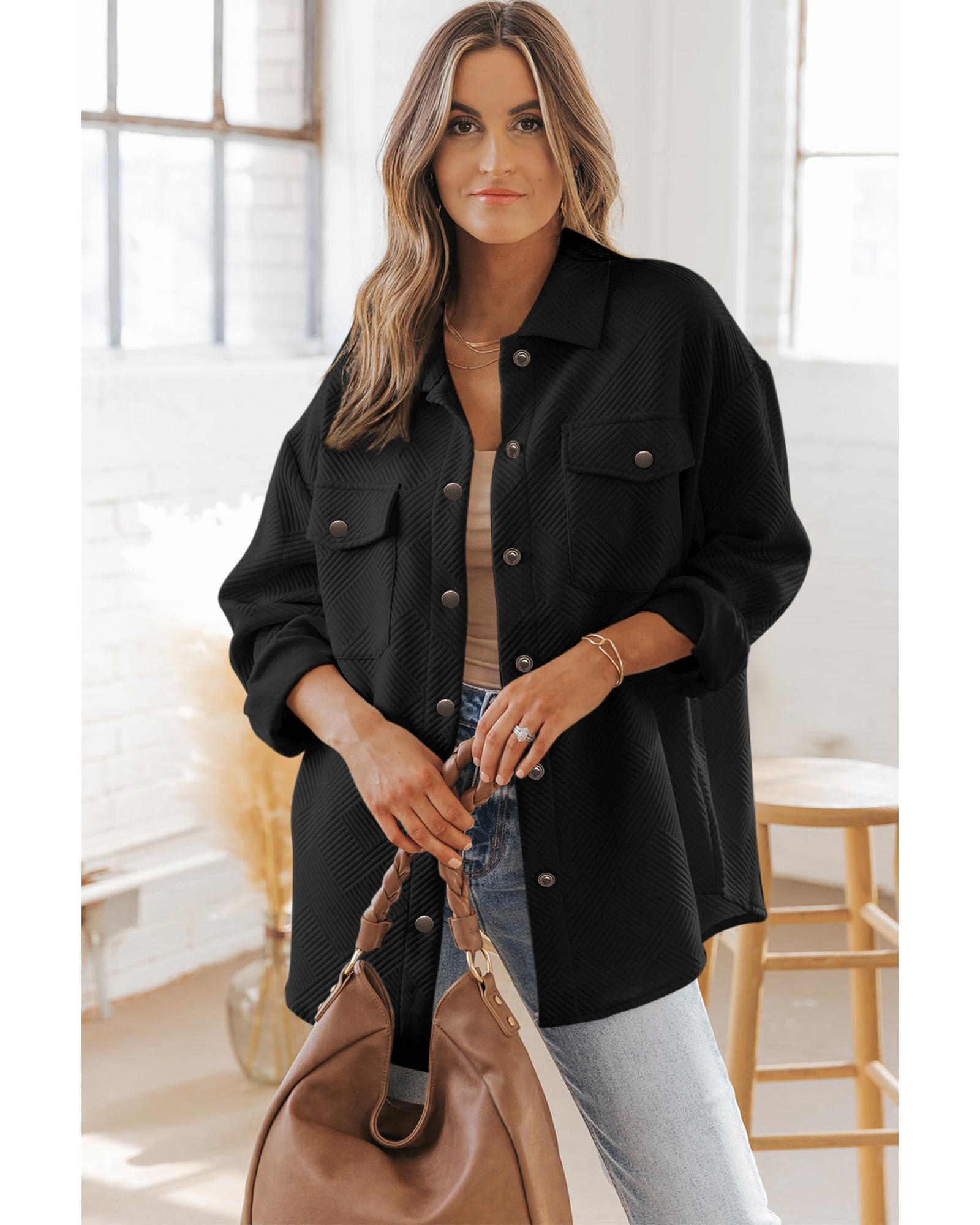 Black Solid Textured Flap Pocket Buttoned Shacket - L 3