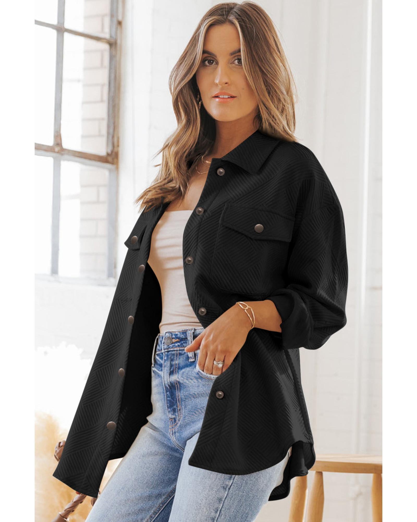 Black Solid Textured Flap Pocket Buttoned Shacket - M